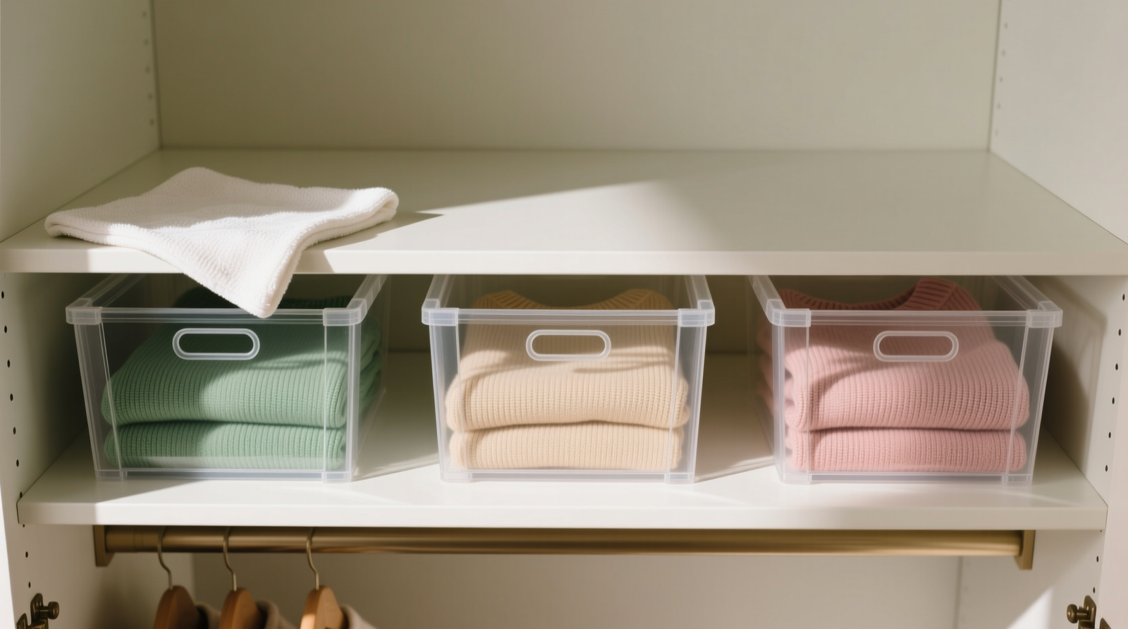 Overhead photo of a well-organized closet showing three identical clear acrylic bins aligned on a shelf, each holding folded knitwear in coordinated colors; a folded microfiber cloth rests neatly on the top edge of the leftmost bin, visually signaling the designated weekly wipe point