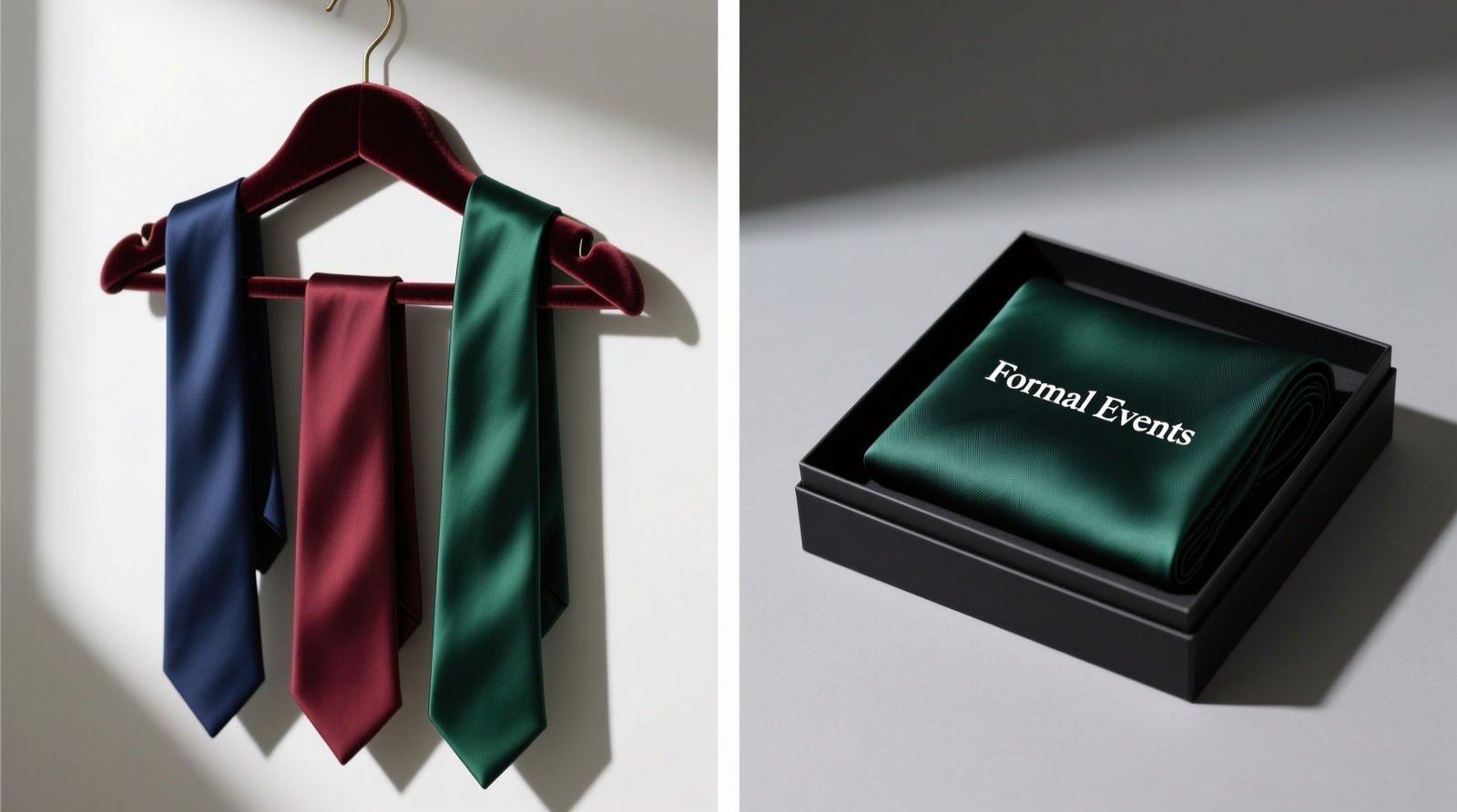 Side-by-side comparison: left shows three silk ties neatly hung on velvet hangers with visible sagging at the blade; right shows same ties folded in half and nested inside a matte black archival box labeled 'Formal Events'
