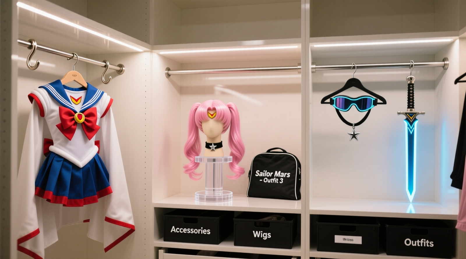 A compact, black rolling cart with four labeled, zippered garment bags hanging on padded chrome hangers; one bag holds a detailed steampunk coat, another a pastel pink wig on a styrofoam head, a third contains a small red toolbox, and the fourth holds folded microfiber cloths and charcoal odor sachets