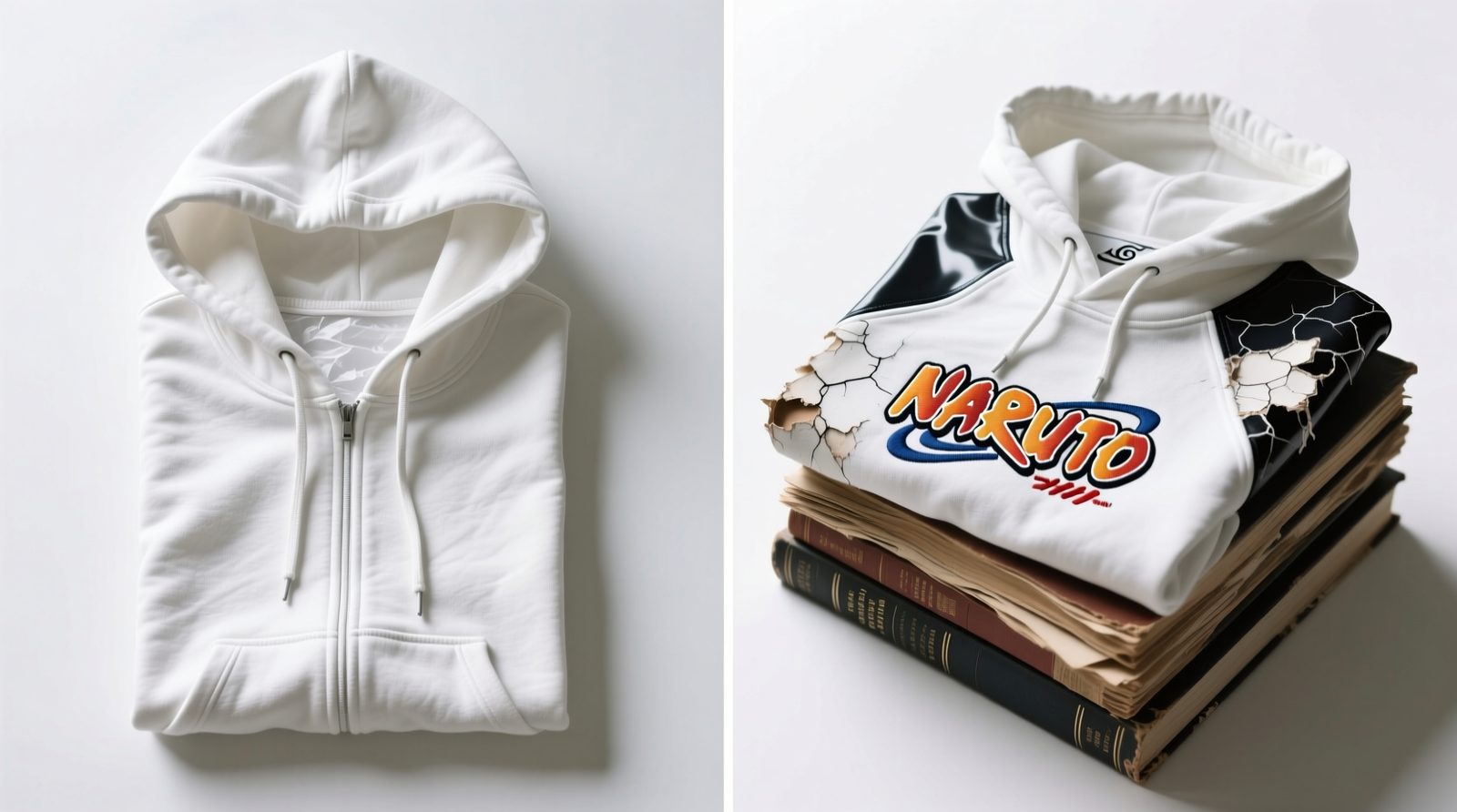 Side-by-side comparison: left shows anime hoodie folded vertically with hood tucked inward and acid-free tissue visible at fold line; right shows same hoodie flattened under stack, with embroidered 'Naruto' logo visibly compressed and vinyl sleeve print cracked at shoulder seam