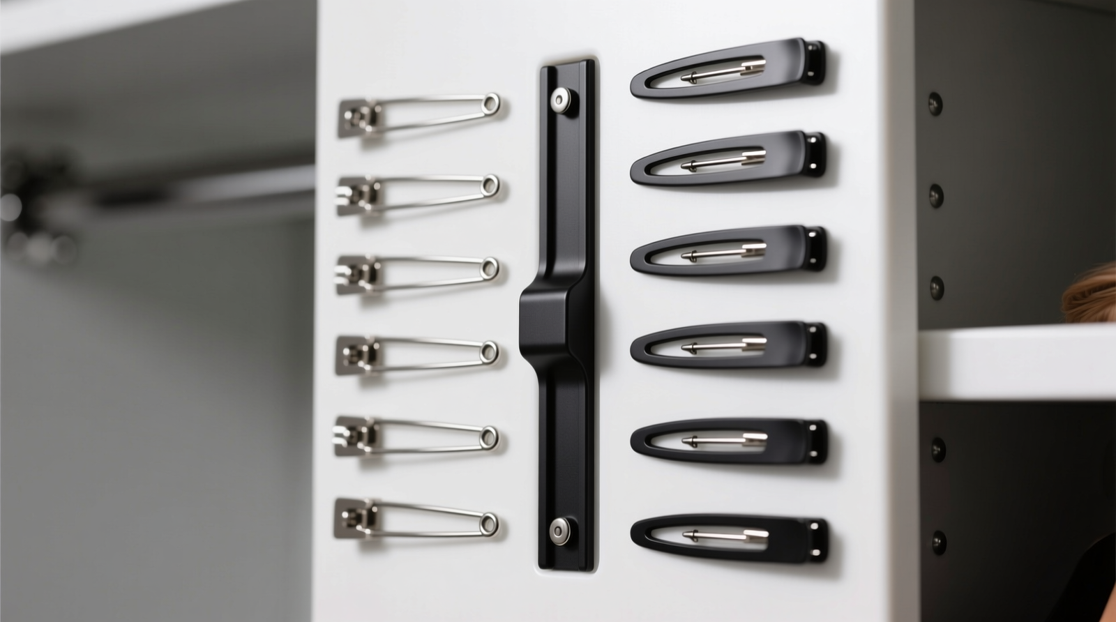 Close-up of a white melamine closet side panel with a sleek black 15-inch flexible magnetic strip mounted vertically; stainless steel bobby pins and matte-finish hair clips arranged in neat, aligned rows along its length, all fully visible and easily removable by hand