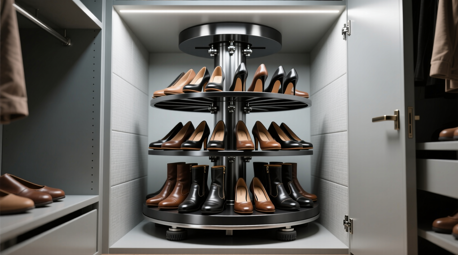 Steel-core rotating shoe carousel installed in a 22-inch-deep closet, showing 32 pairs arranged by height category—flats in front, low boots in middle, heels at rear—with clear 1.5-inch floor clearance visible beneath the base