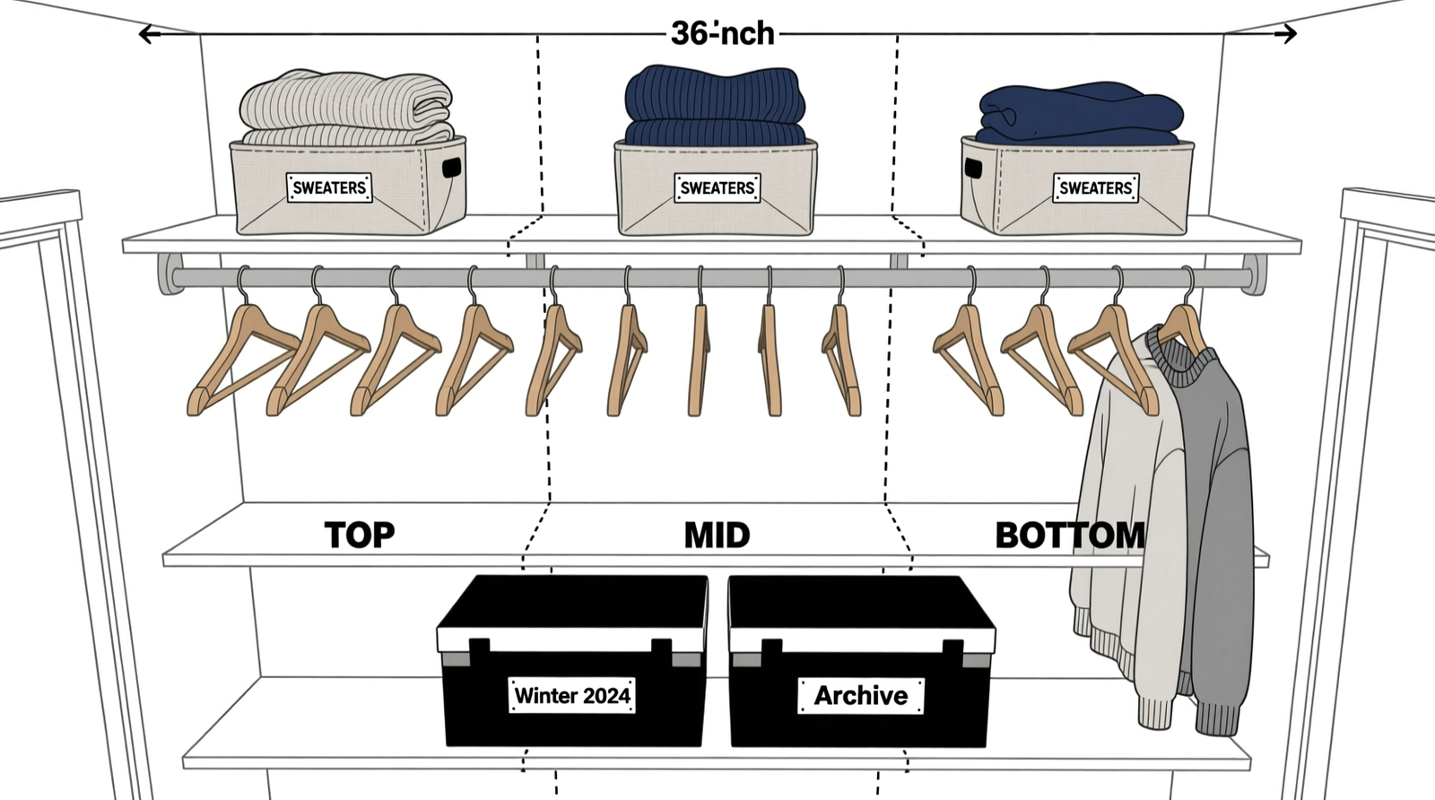 Overhead diagram of a 36-inch-wide reach-in closet showing three vertical zones: eye-level section with uniform slim hangers and labeled shelf dividers, upper shelf with folded sweaters in matching fabric bins, and lower shelf holding two flat-stack under-bed storage boxes labeled 'Winter 2024' and 'Archive'