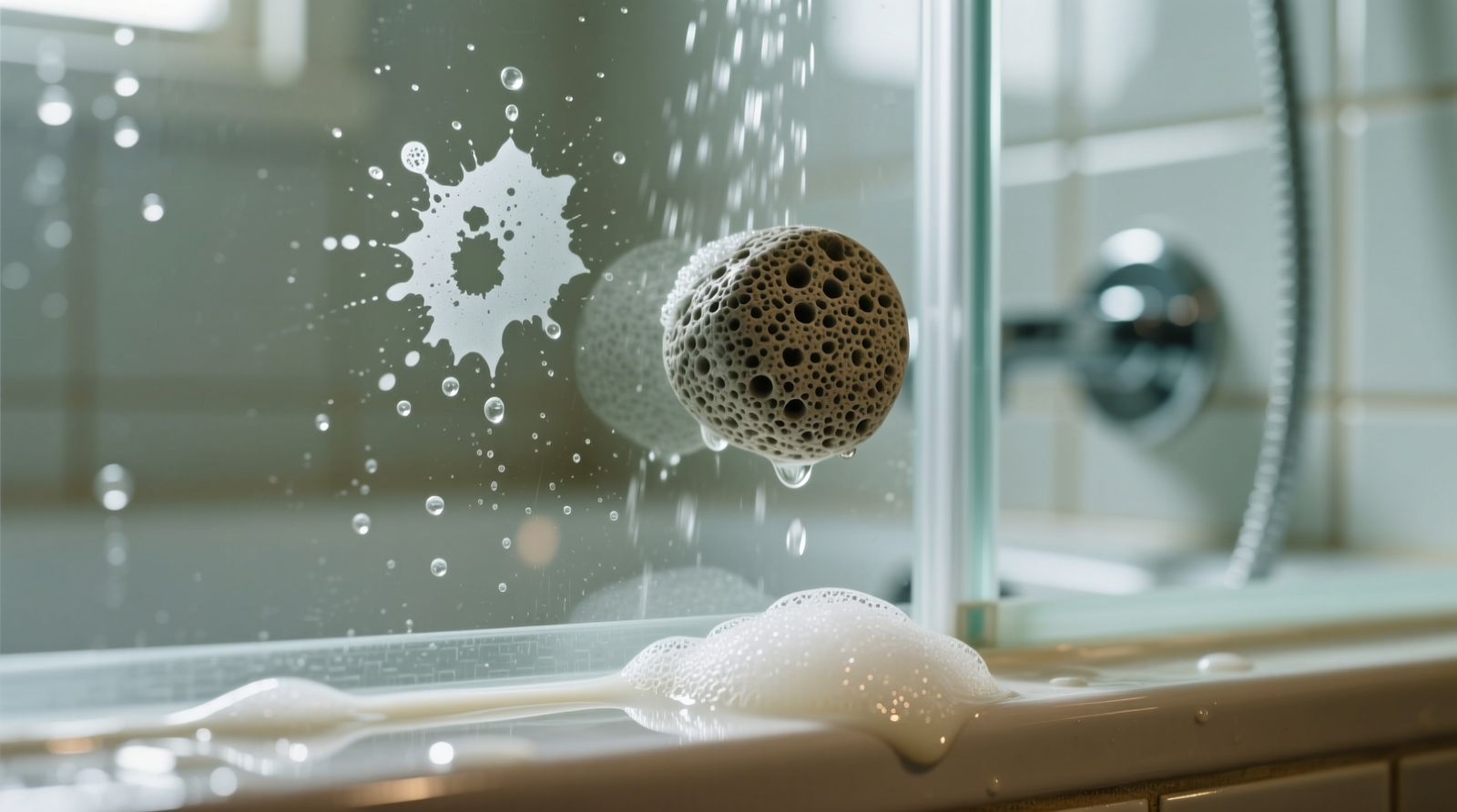 Close-up of a wet pumice stone gently circling a hard water spot on clear glass shower door, with a small puddle of milky castile soap lather visible nearby