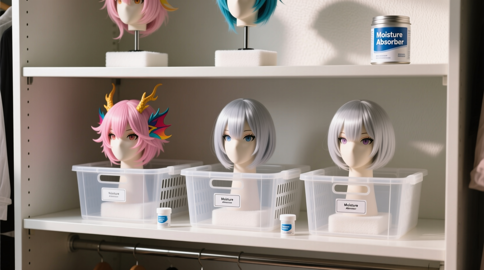 Three identical curly cosplay wigs mounted on padded, height-adjustable wig stands, each covered with a loosely tied, off-white cotton pillowcase; stands arranged evenly on a cedar-lined closet shelf with soft LED lighting