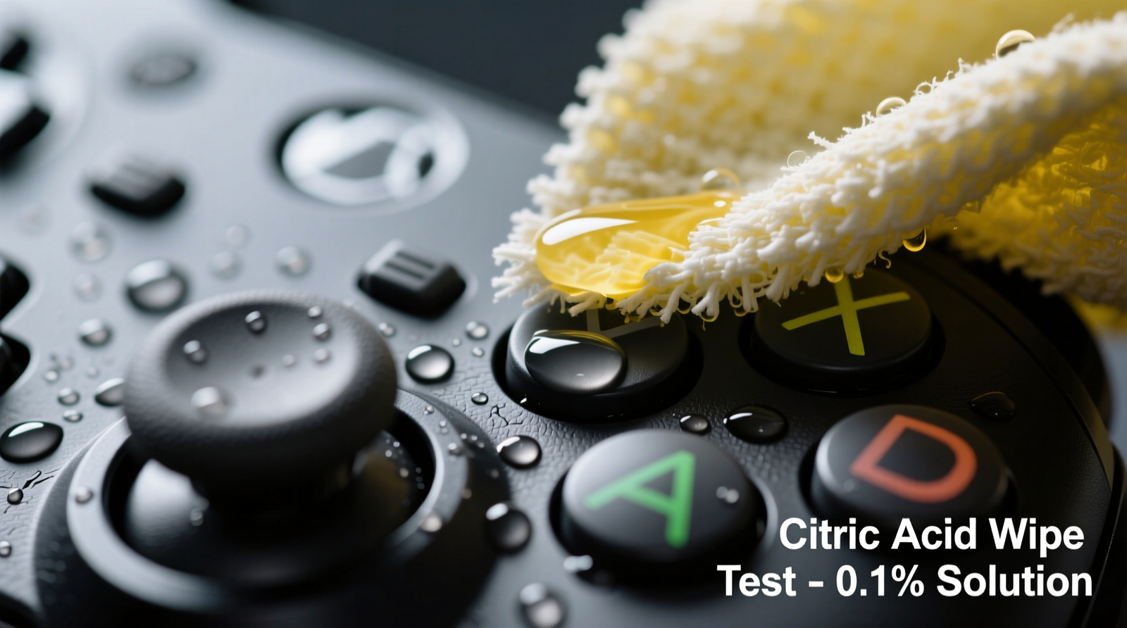 Close-up macro photo showing a microfiber cloth lightly dampened with citric acid solution being swiped across textured gaming controller buttons—no pooling, no dripping, uniform matte finish on plastic and rubber surfaces