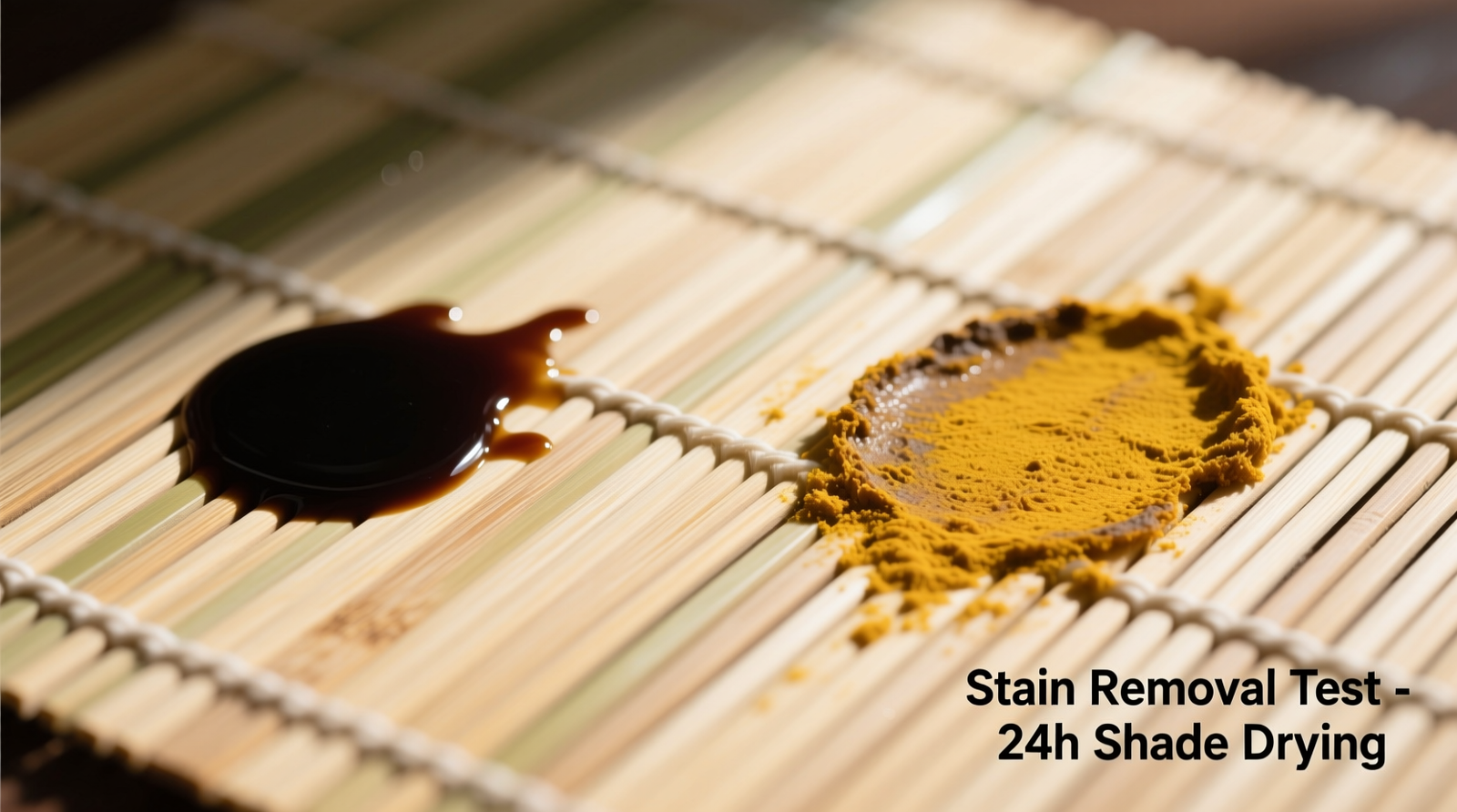 Close-up of two identical organic cotton napkins side-by-side: one stained with dried soy sauce pre-soak, the other fully restored after 40-minute pineapple enzyme treatment and cold wash