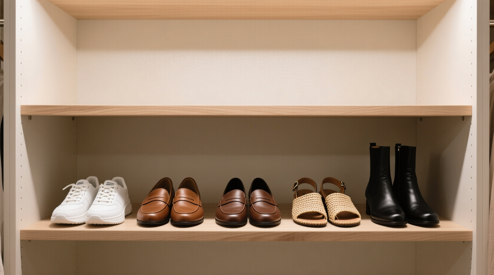A minimalist, light-wood 3-tier open shelf holding exactly seven pairs of shoes: three athletic, two loafers, one sandal, one boot—each pair clean, upright, and spaced evenly. No labels visible, but spacing implies intentional curation. Background is neutral-toned closet wall with no other visible footwear.