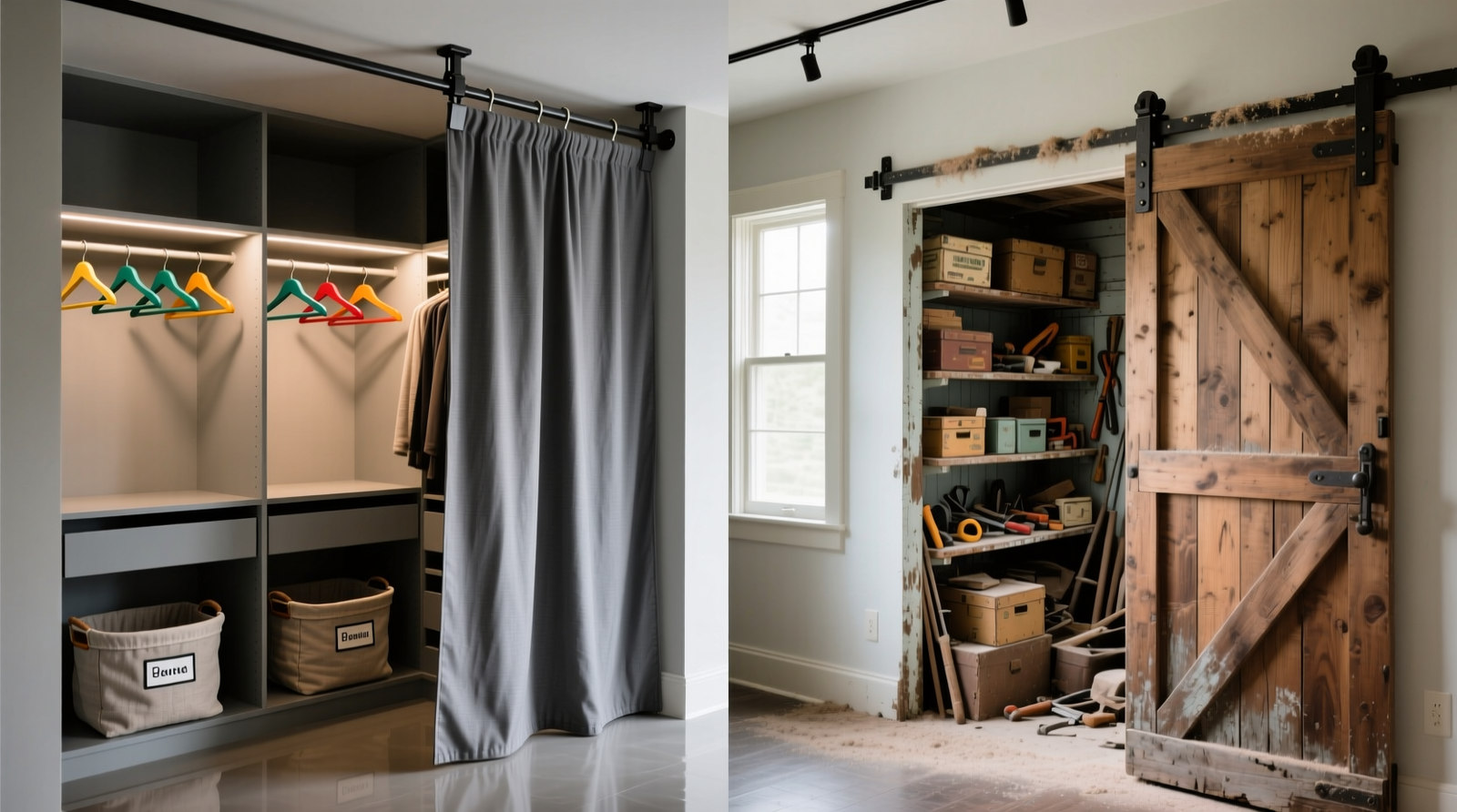 Two side-by-side closet interiors: left shows a lightweight, charcoal-gray foldable fabric partition mounted on an adjustable ceiling track, cleanly dividing a walk-in closet into two distinct zones with labeled baskets and color-coordinated hangers; right shows a rustic wooden sliding barn door partially open, revealing cluttered shelving and visible track hardware with dust accumulation along the rail