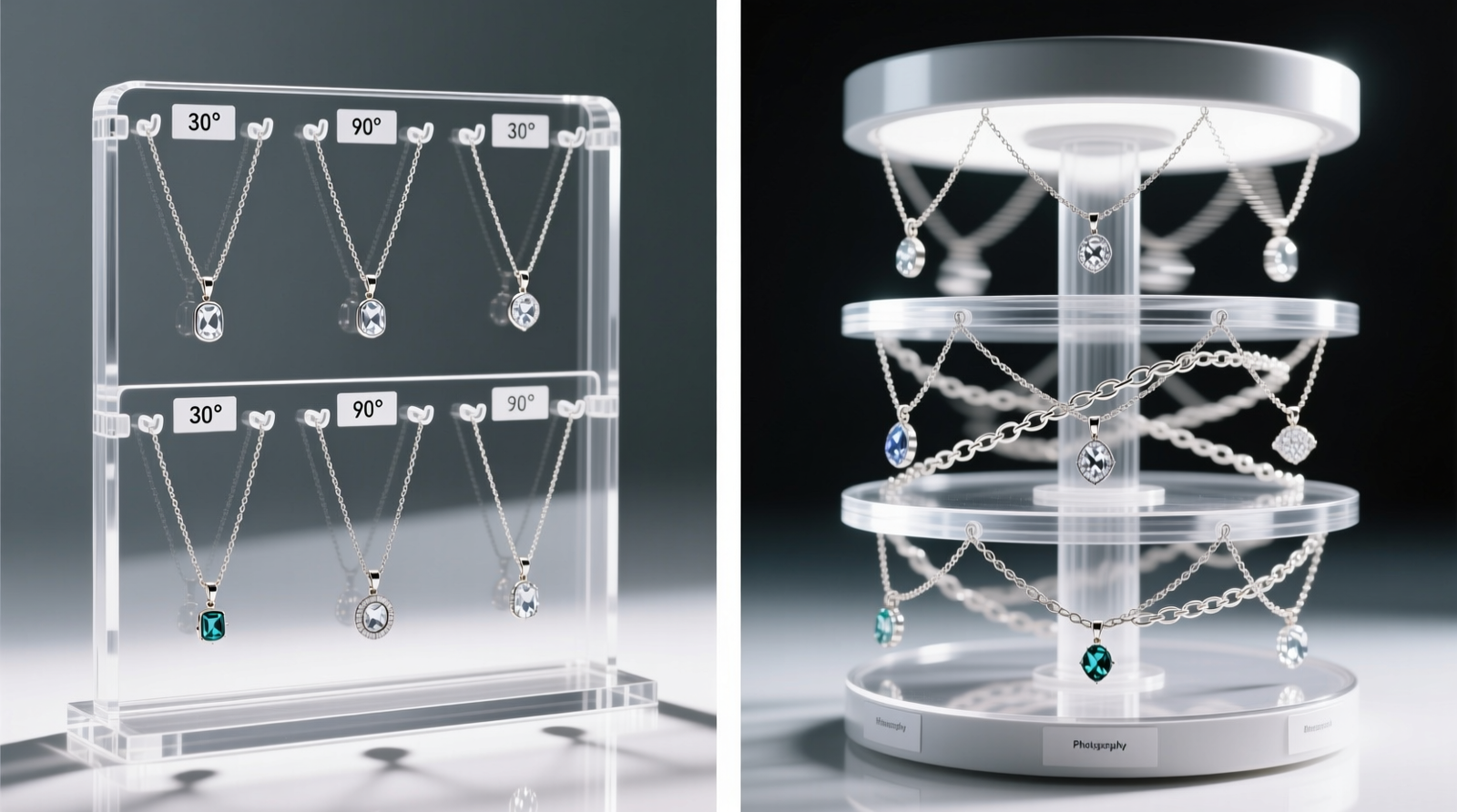 Side-by-side comparison: left shows six delicate necklaces hanging vertically on clear acrylic organizer with labeled hook angles; right shows same chains tangled mid-rotation on a 4-tier acrylic carousel with visible kinks and crossed pendant drops