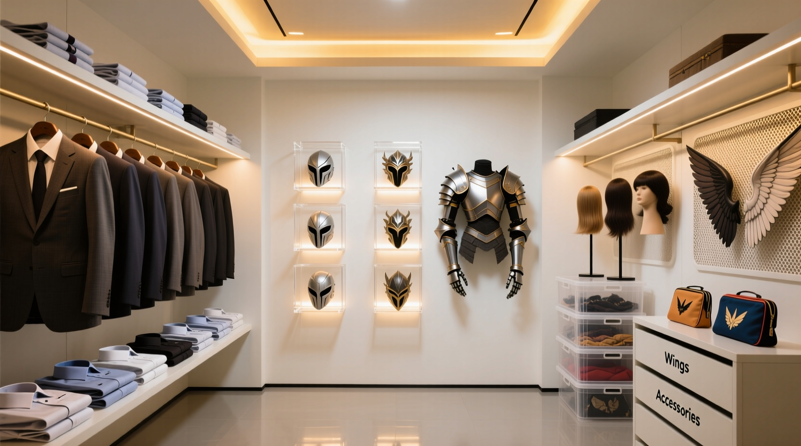 A well-organized hybrid closet showing three clearly labeled zones: left side with tailored suits on padded hangers beneath a shelf holding folded dress shirts; center section with wall-mounted acrylic cradles holding sculpted cosplay helmets and shoulder armor; right side with ventilated wig stands and stackable translucent bins for fabric wings and accessory pouches. All lighting is warm, shadow-free, and evenly distributed.