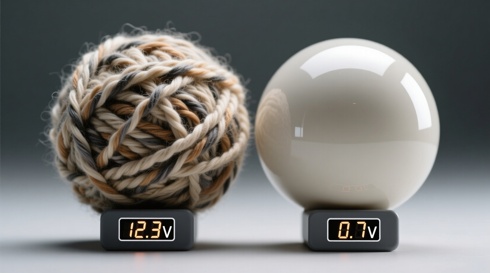 Side-by-side macro photography: wool dryer balls showing dense, crimped fibers next to smooth, uniform biodegradable synthetic balls, with electrostatic test readouts displayed beneath each