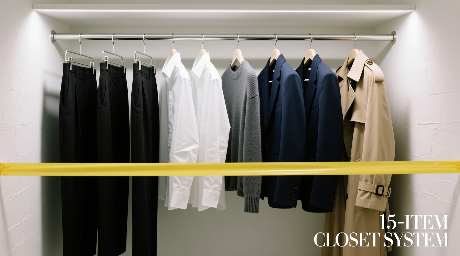 A narrow, clearly taped-off section of a standard reach-in closet containing only 15 coordinated garments on matching slim hangers—five black trousers, three white button-downs, two charcoal sweaters, two navy blazers, and one beige trench coat—each spaced evenly with no overlapping fabric.