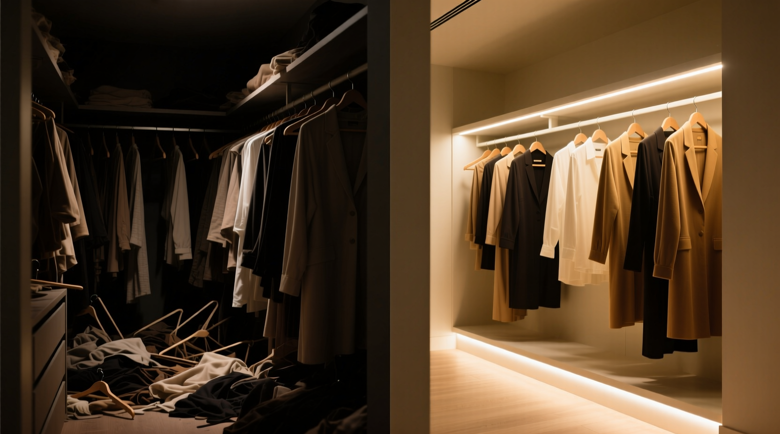 Close-up of a walk-in closet showing warm-white LED strip lighting mounted along the underside of upper shelves, illuminating folded sweaters and hanging blouses without glare or shadow, with soft ambient glow on neutral-toned walls