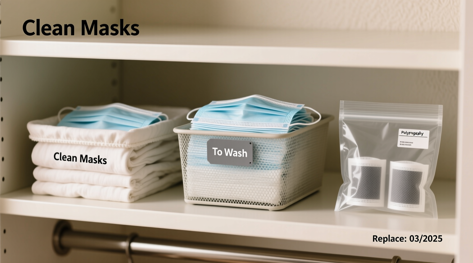 Closet interior showing two-tier shelf system: upper tier with blue-labeled linen trays holding folded cloth masks and sealed filter packets; lower tier with red-lidded acrylic bin labeled 'Used – Wash Today'; small humidity-controlled drawer inset beside it marked 'Filters – Next Change: Thu'