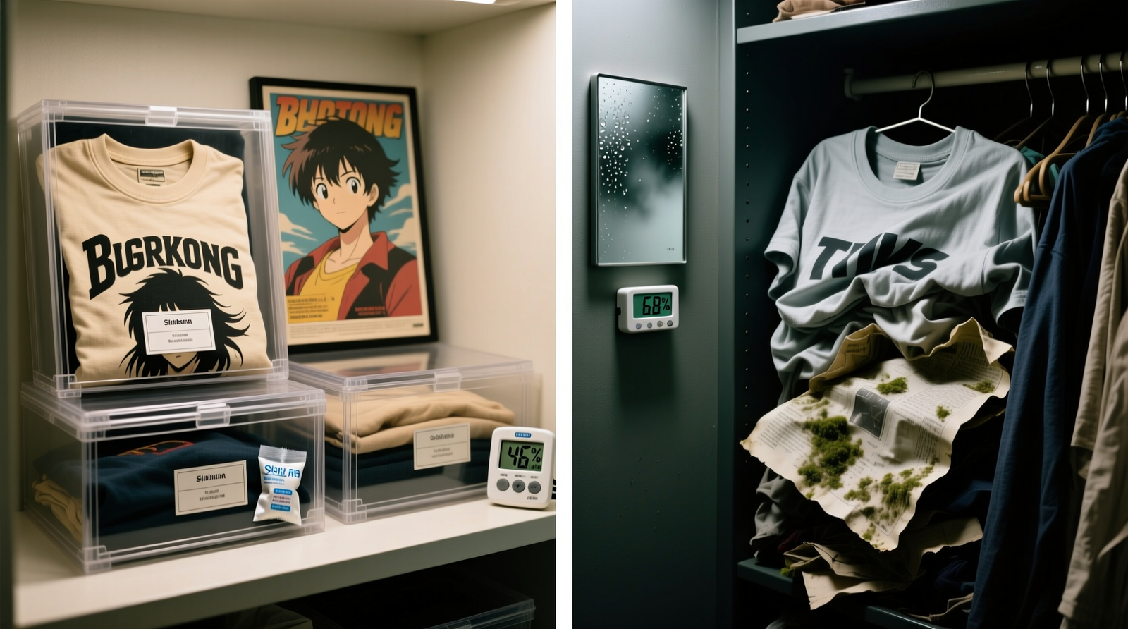 Side-by-side comparison: left shows vintage band tee and anime poster stored in labeled, ventilated archival boxes with visible silica gel pouches and digital hygrometer reading 46% RH; right shows same items crammed in a dark closet with condensation on mirror and hygrometer reading 68% RH