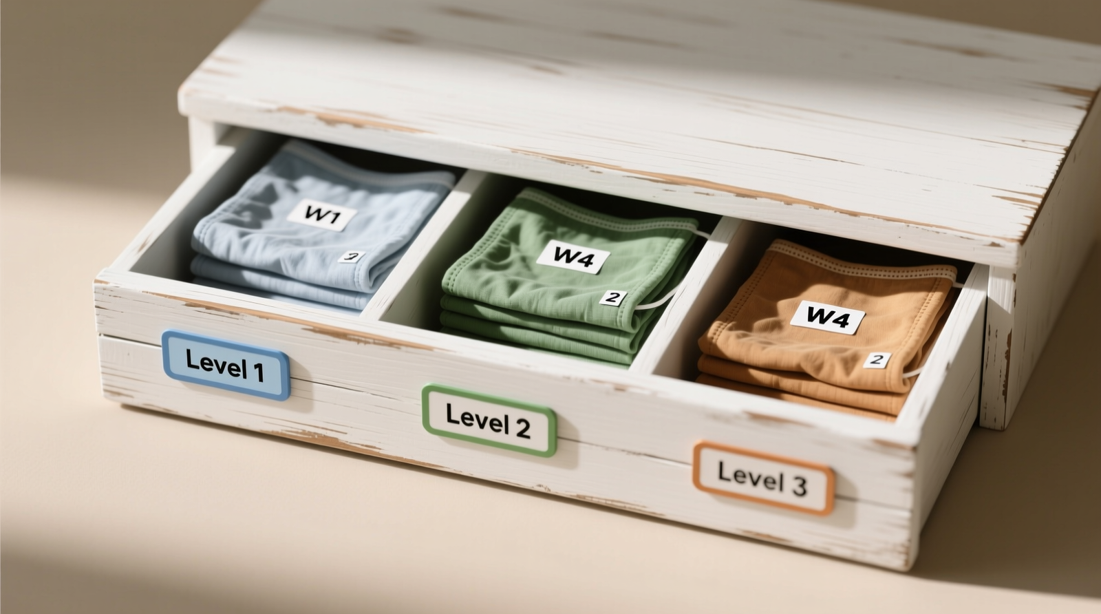 A shallow, white wooden drawer divided into three labeled compartments: Blue (Level 1), Green (Level 2), Amber (Level 3); each holding flat-folded cloth masks with small, legible numbered stickers (e.g., 'W1', 'W4') visible on the top layer.