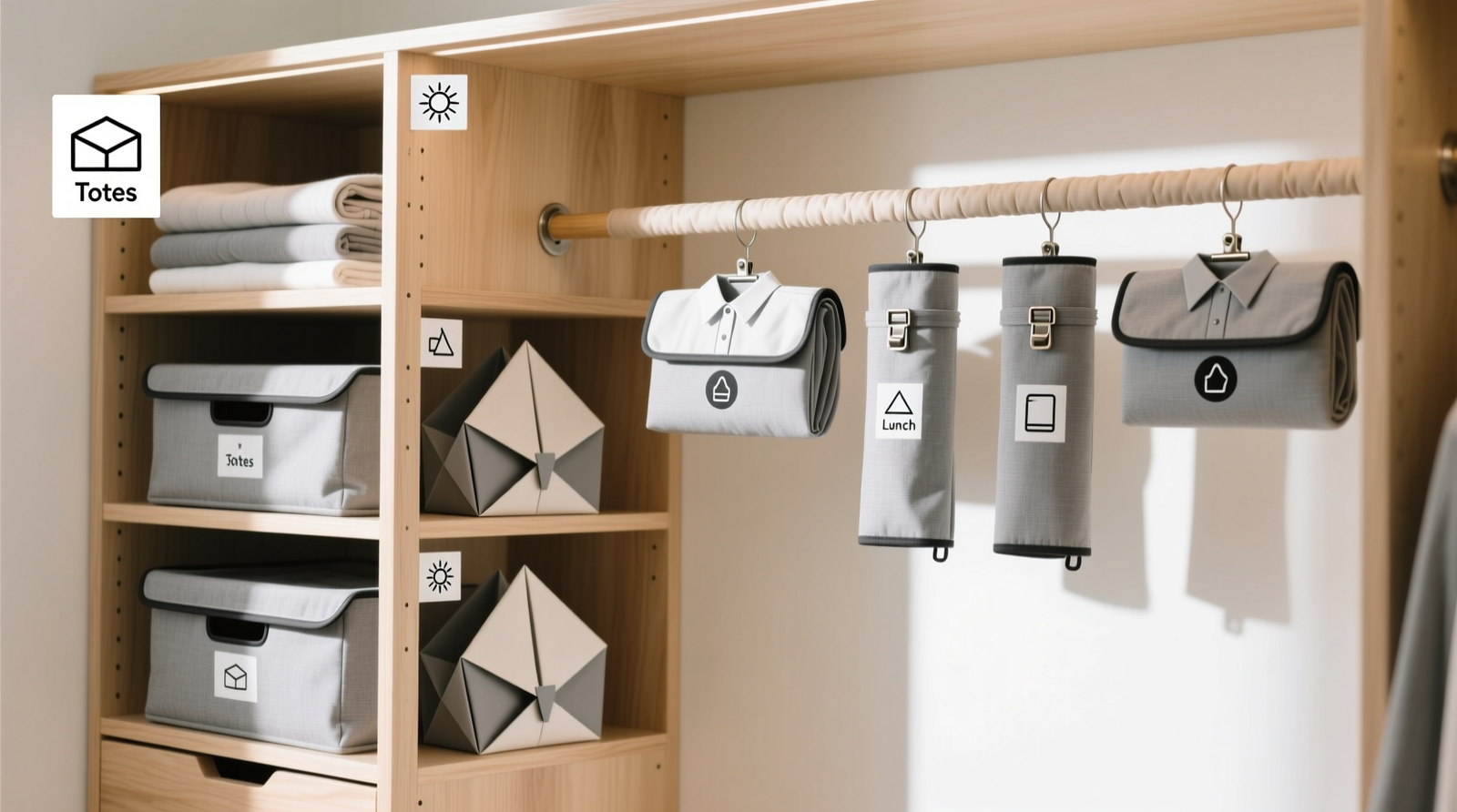 A well-organized closet section showing three distinct storage zones: shallow bins holding vertically stacked flat-fold totes, open-front wooden cubbies with neatly origami-folded carriers featuring visible snap-tabs, and a padded tension rod with uniformly rolled insulated lunch sleeves clipped at consistent intervals. All labels use minimalist iconography.