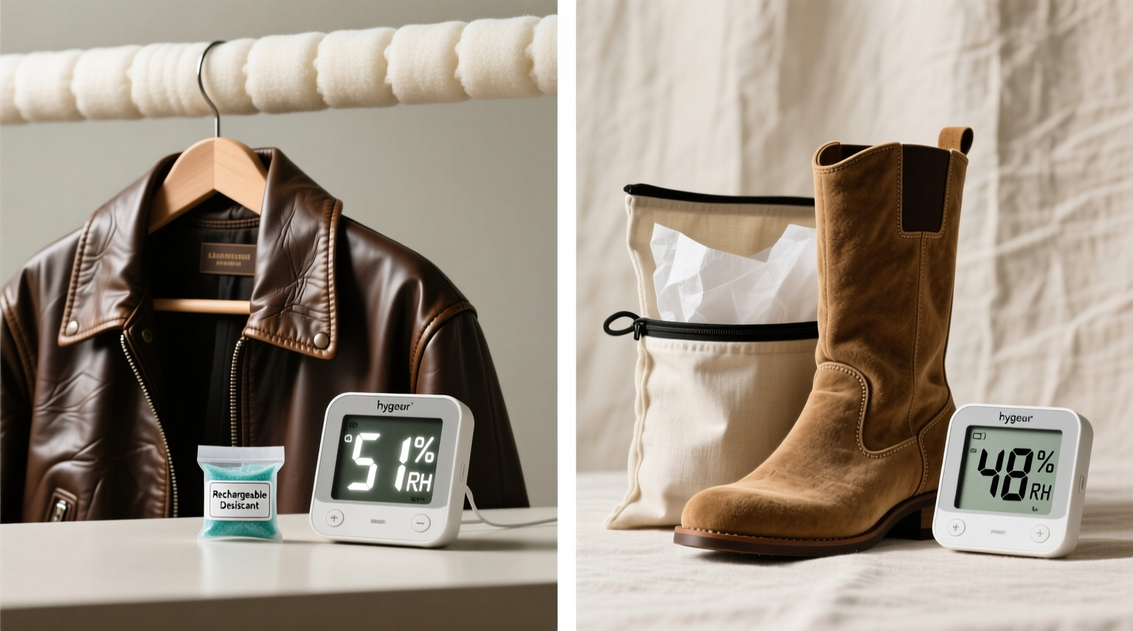 Side-by-side comparison: left shows a leather jacket hung on a padded hanger beside a digital hygrometer reading 51% RH and a reusable silica gel canister; right shows a suede boot upright in a cotton bag with tissue-stuffed shaft, next to a second hygrometer reading 48% RH