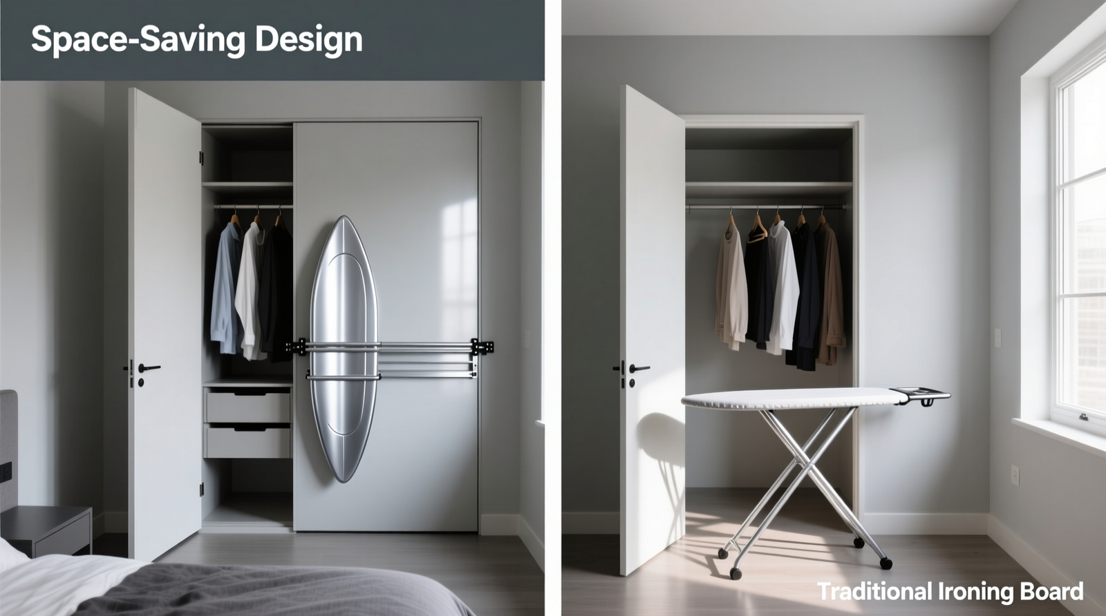Side-by-side photo showing a standard interior closet door with a sleek, aluminum-foldable ironing board fully extended and locked in place, next to an identical closet with a freestanding ironing board occupying floor space and blocking access to hanging garments
