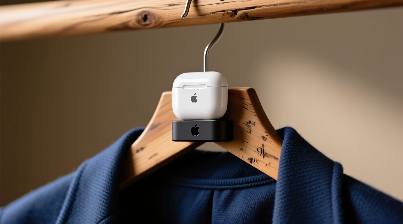 A minimalist closet shelf showing three shallow, labeled acrylic inserts—each holding a Bluetooth earbuds case, coiled cable, and eartip compartment—mounted securely with discreet double-sided tape. Background is neutral-toned wood grain.