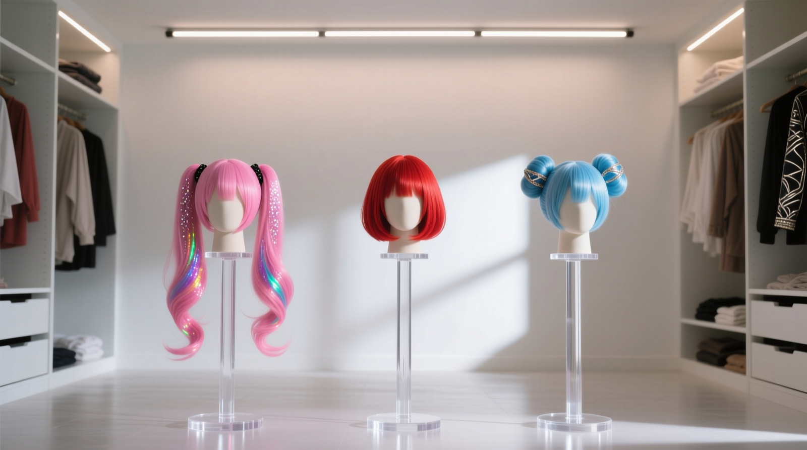 Side-by-side comparison showing a curly cosplay wig properly seated on a wide, padded wig stand versus the same wig sagging and flattened on a narrow foam head, with arrows indicating root compression and crown collapse