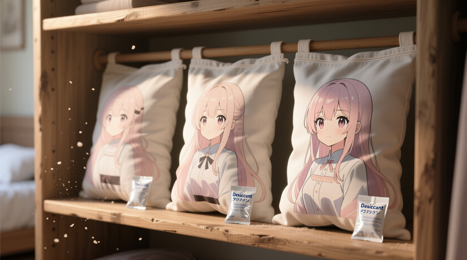Three anime body pillows standing upright in breathable cotton garment bags on a wooden closet shelf, spaced evenly with small silica gel packets visible at their bases, indirect lighting, no sunlight visible