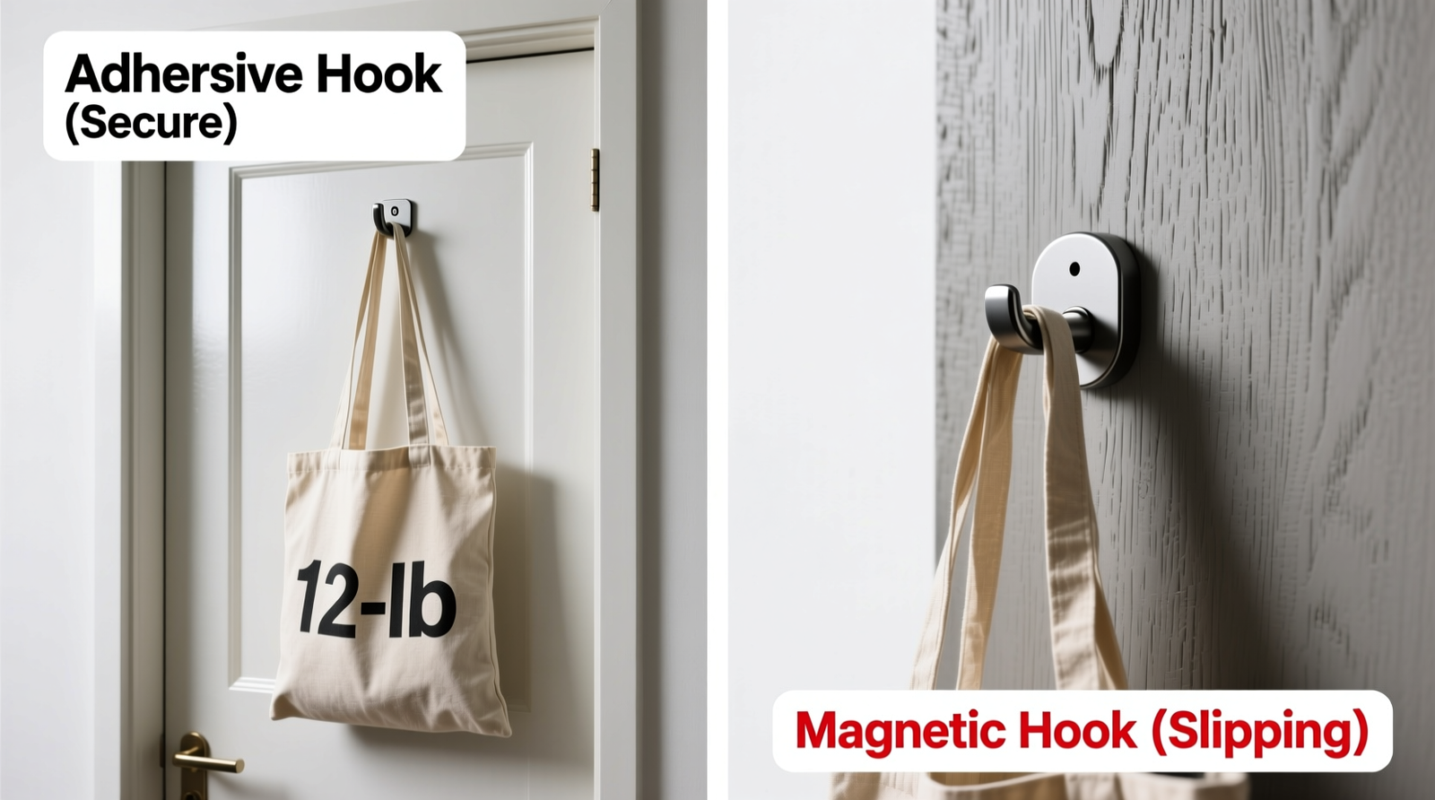 Side-by-side comparison showing proper adhesive hook installation on a smooth painted closet door versus a magnetic hook slipping on a textured, low-sheen surface—both with identical 12-lb canvas tote bags attached