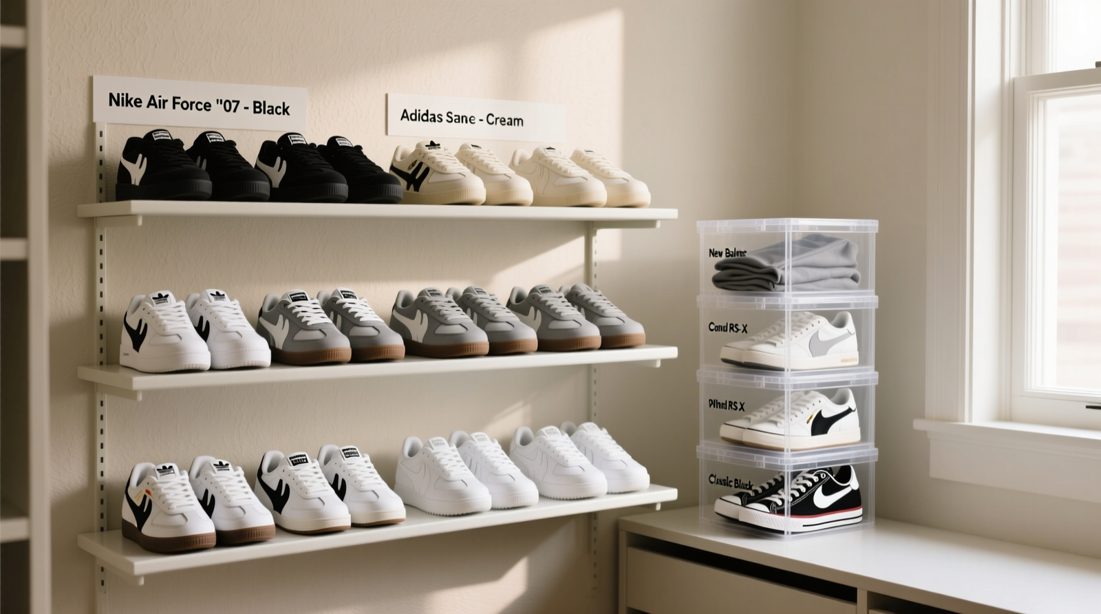 A minimalist closet showing three slim-tiered shoe racks holding 12 white-and-gray sneakers, with five labeled clear plastic bins stacked neatly beside them on low shelving—each bin contains 5–6 pairs arranged heel-down, with visible labels reading 'Nike Air Force 1 '07 - Black', 'Adidas Samba - Cream', etc.