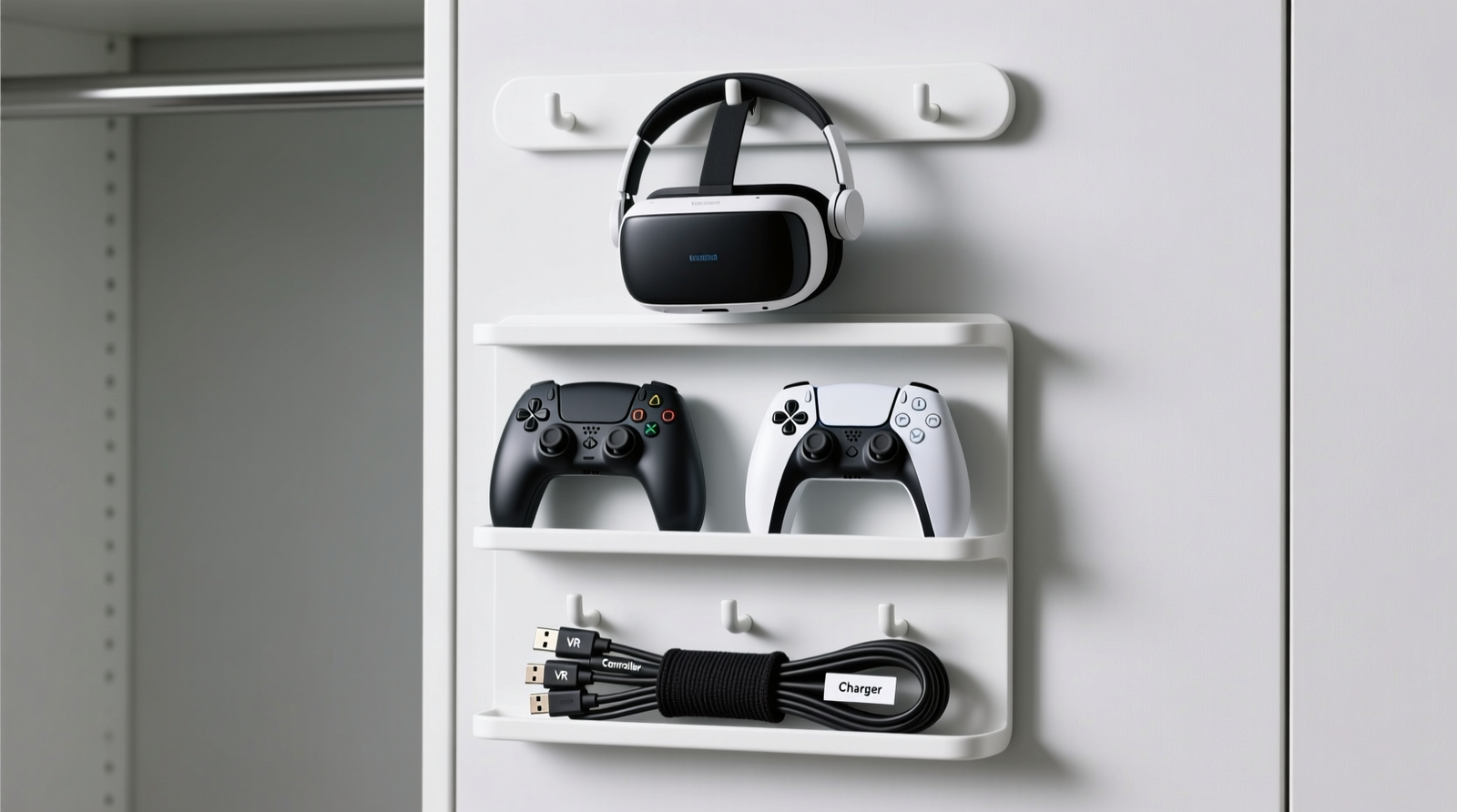 A shallow closet interior showing a white pegboard mounted on the door with six evenly spaced black modular hooks: three holding VR straps vertically by their buckles, three holding upright neoprene sleeves containing motion controllers, all with 4-inch minimum spacing and no overlapping elements.