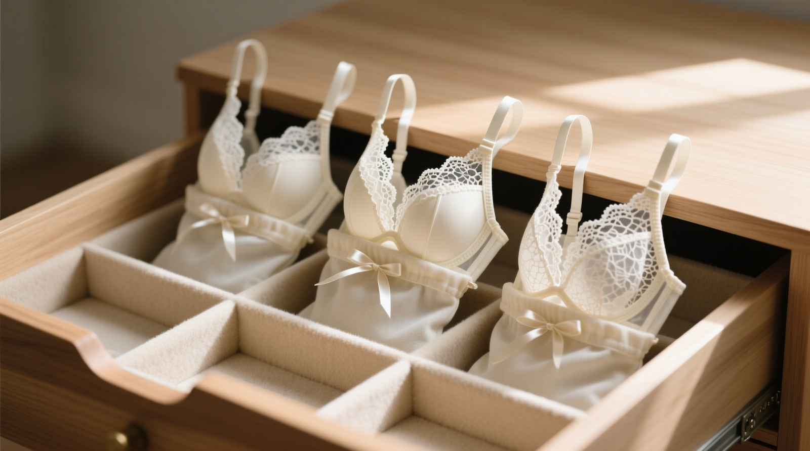 Side-by-side comparison: three lace bras stored vertically in a shallow drawer using cotton flannel dividers, with clean spacing and visible cup shape retention