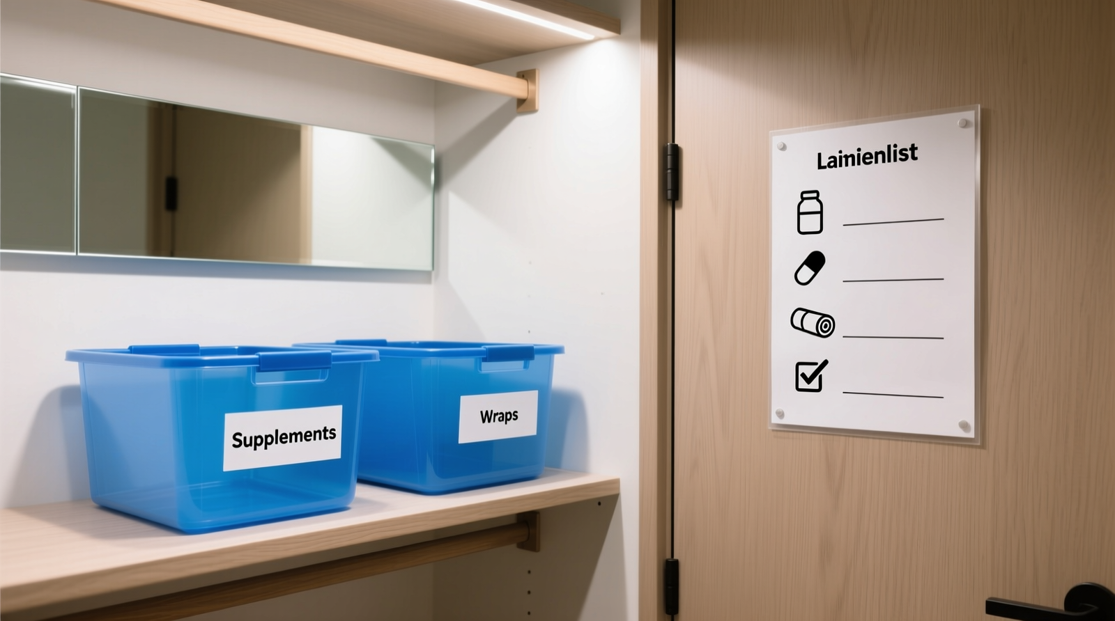 A well-organized closet lower shelf showing two labeled, opaque blue bins (one for supplements, one for wraps), a mirrored strip mounted at eye level, and a laminated checklist affixed to the interior door with clear icons and bold text