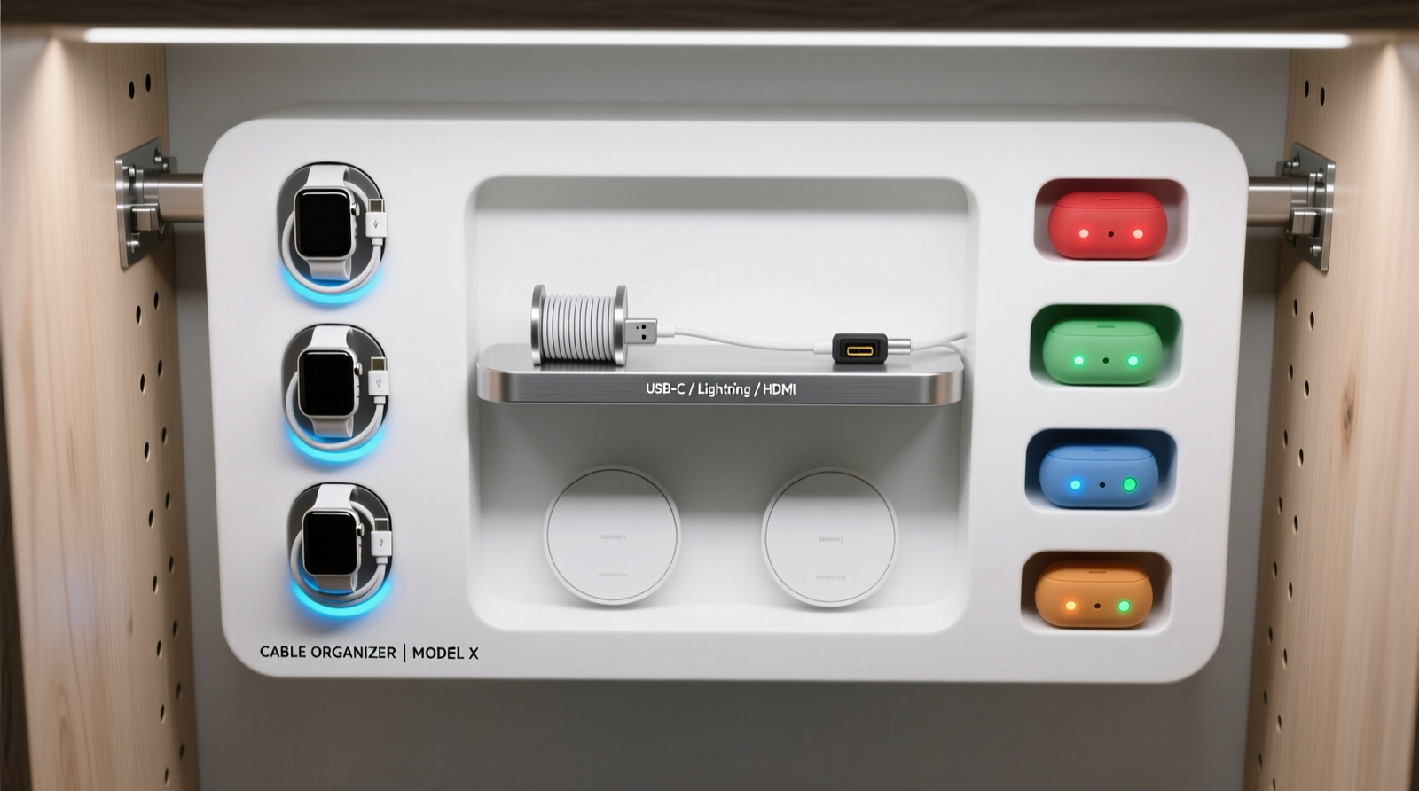 Overhead view of a minimalist white closet organizer: left side shows three vertically aligned magnetic watch docks with coiled USB-C cables; right side displays four recessed silicone earbud trays with color-coded LED indicators; center features a slim aluminum shelf holding a labeled cable spool and spare charging pucks. All mounted on matte-finish plywood with concealed grommet wiring.