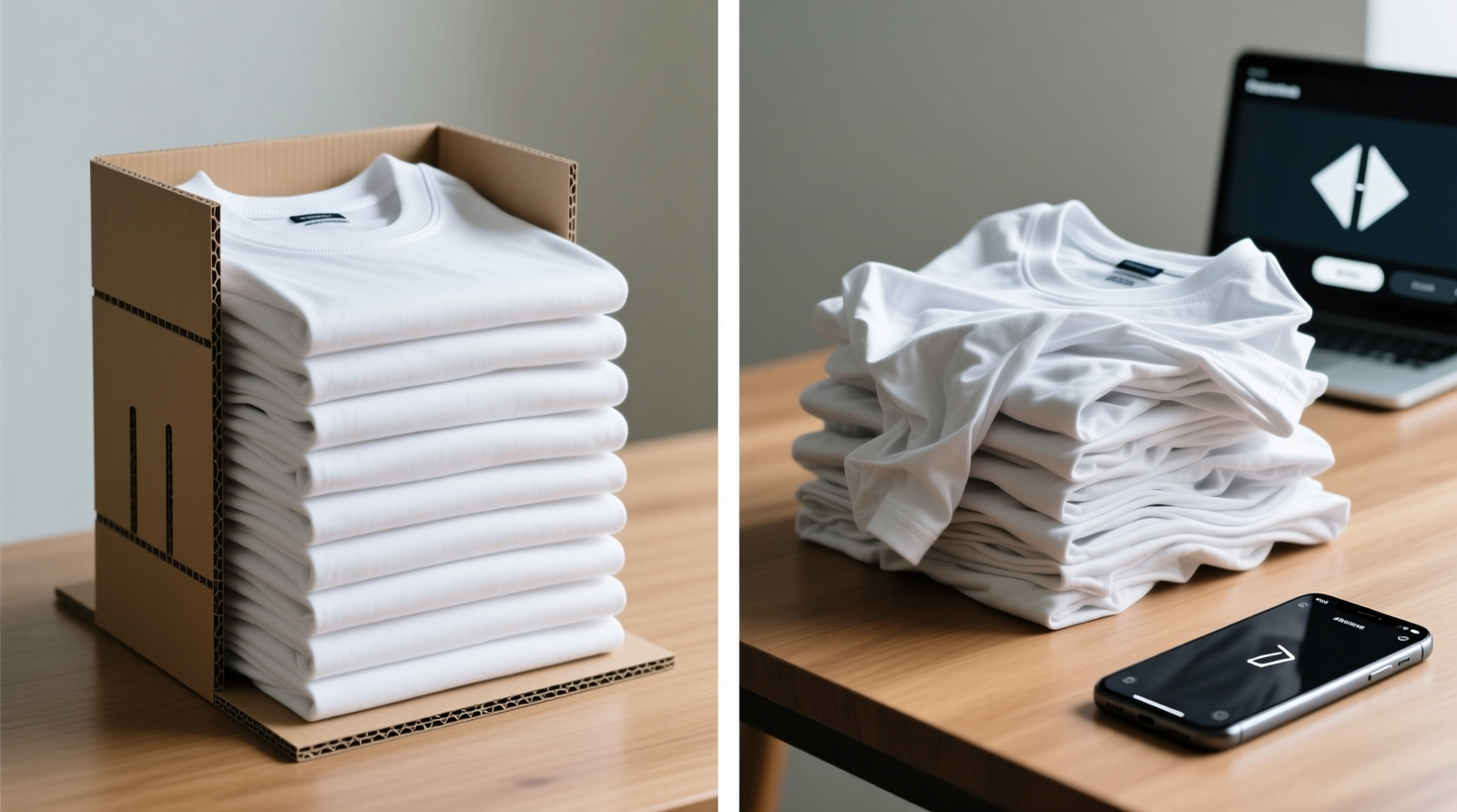 Side-by-side comparison: left shows a stack of identical, vertically stored t-shirts folded with a rigid board; right shows uneven, slumped stacks from app-guided folding attempts, with one shirt partially unfolded and a phone lying nearby