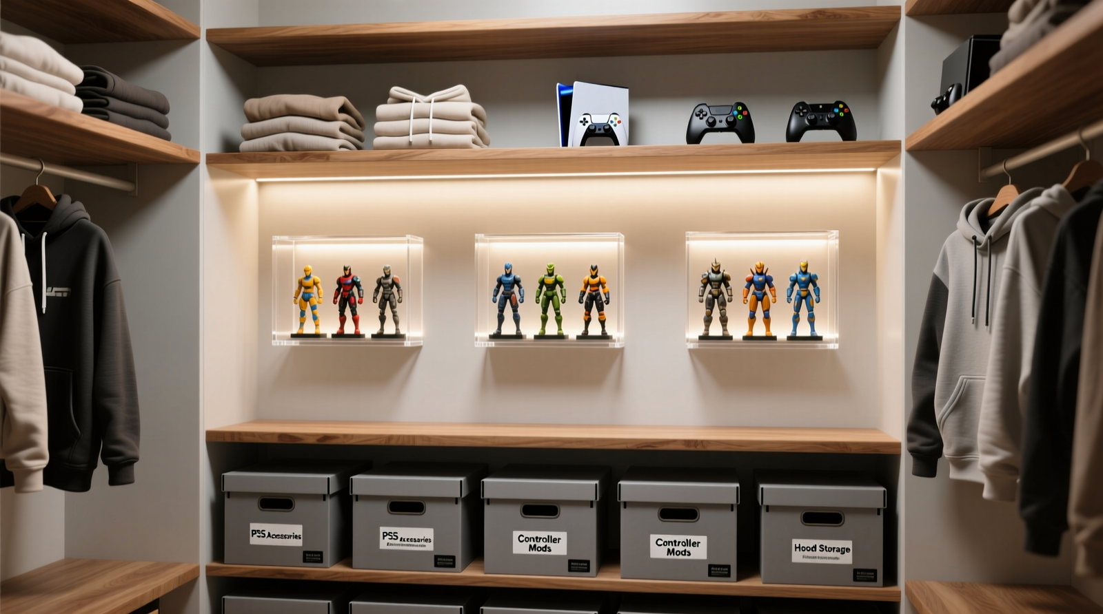 A minimalist, floor-to-ceiling closet showing matte charcoal shelves, uniform fabric bins with raised-dot tactile labels, a single low-profile LED strip mounted under the top shelf, and zero visible dust or glare—no glass, no plastic, no overlapping items