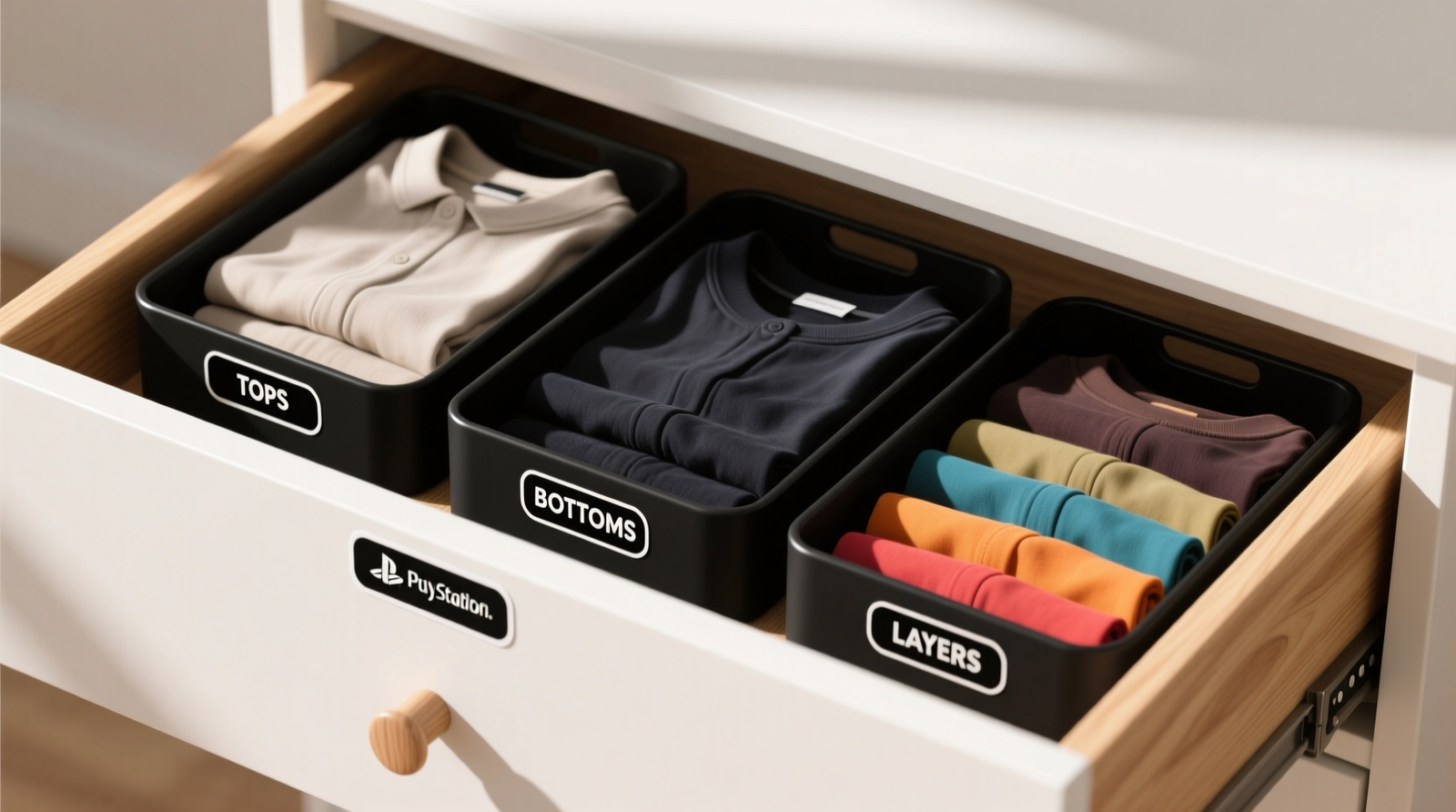 Three black PlayStation 5 storage trays arranged side-by-side in a white oak dresser drawer; each labeled with minimalist vinyl tags reading 'TOPS', 'BOTTOMS', 'LAYERS'; garments folded vertically in consistent file-fold orientation, visible edge-on with color-coordinated grouping