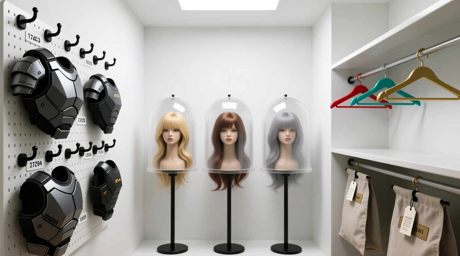 A well-lit closet showing three clearly demarcated zones: left side with EVA armor mounted on a pegboard using padded hooks, center with three upright wig stands under UV-filtering acrylic domes, right side with double-tier clothing rods holding color-coded hangers and labeled garment bags