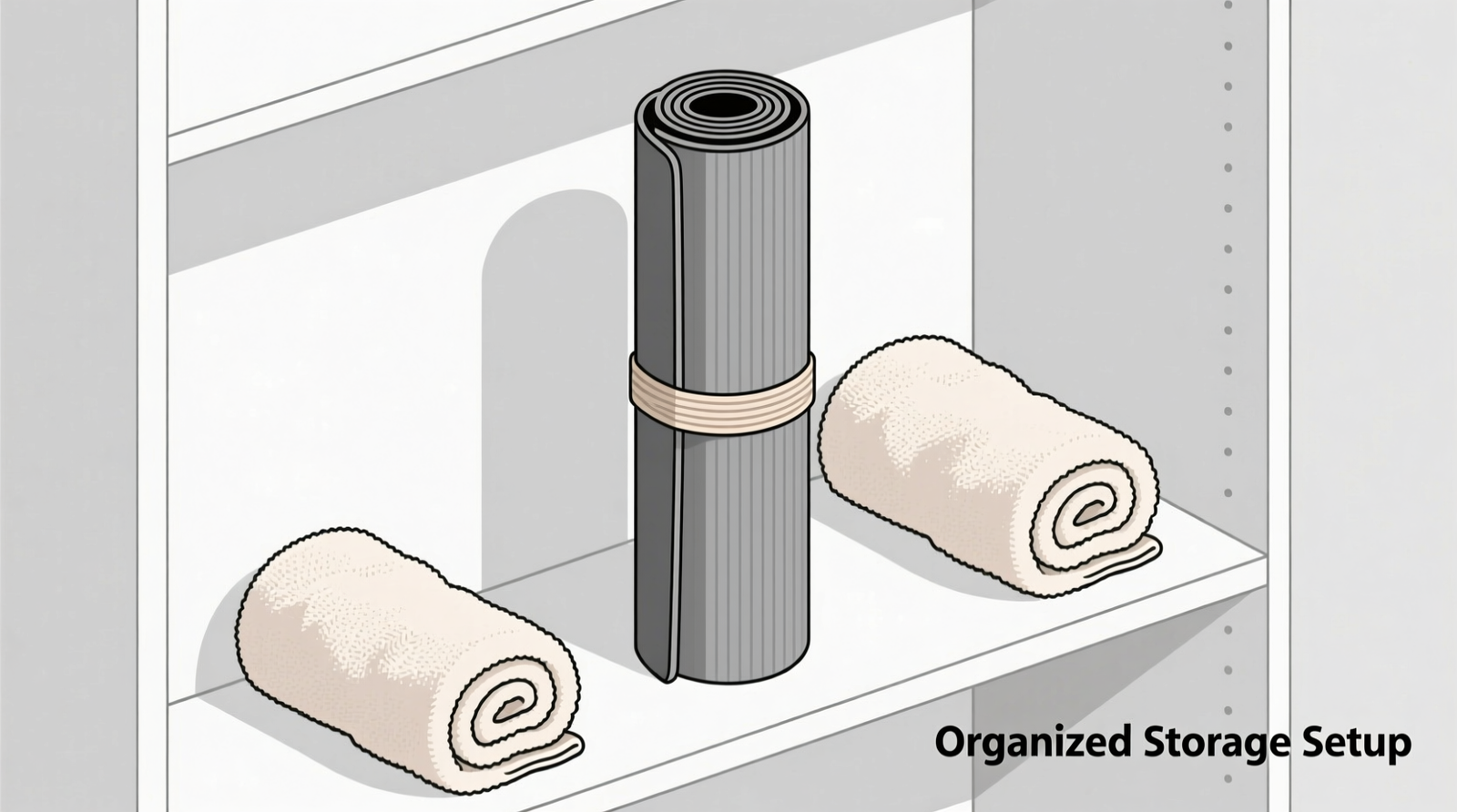 Side-view diagram showing a vertically standing yoga mat roll secured with a centered fabric elastic band, flanked by two rolled cotton towels pressed gently against both sides and the closet back panel