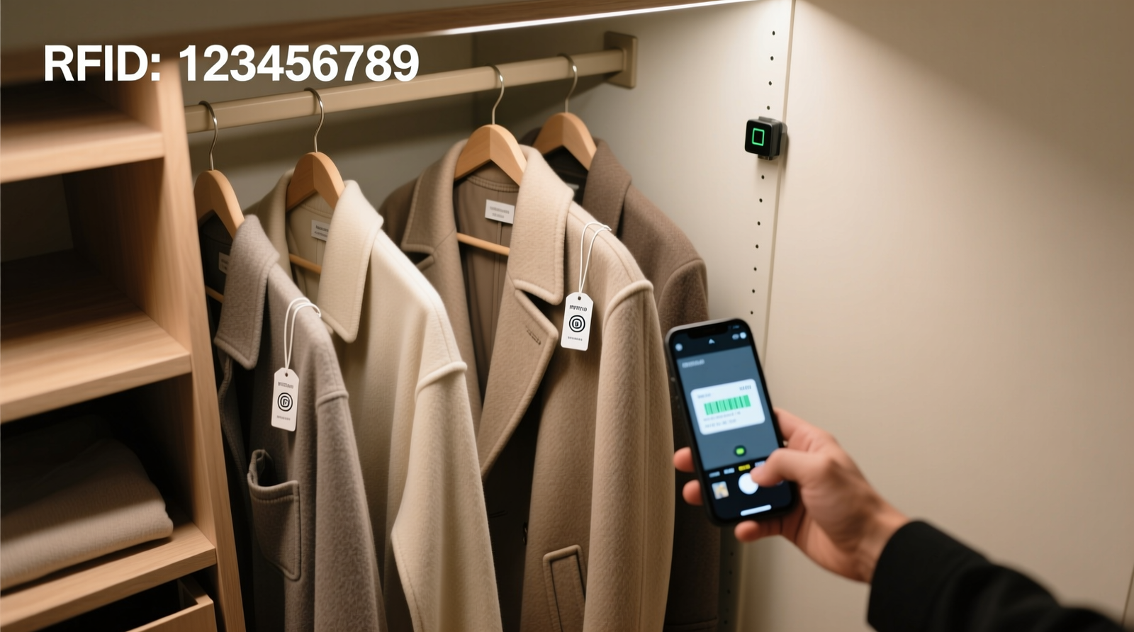 Overhead photo of a compact reach-in closet showing slim RFID tags discreetly sewn into garment hems and lining pockets—no visible wires, no mounted hardware, just a smartphone scanning a coat sleeve