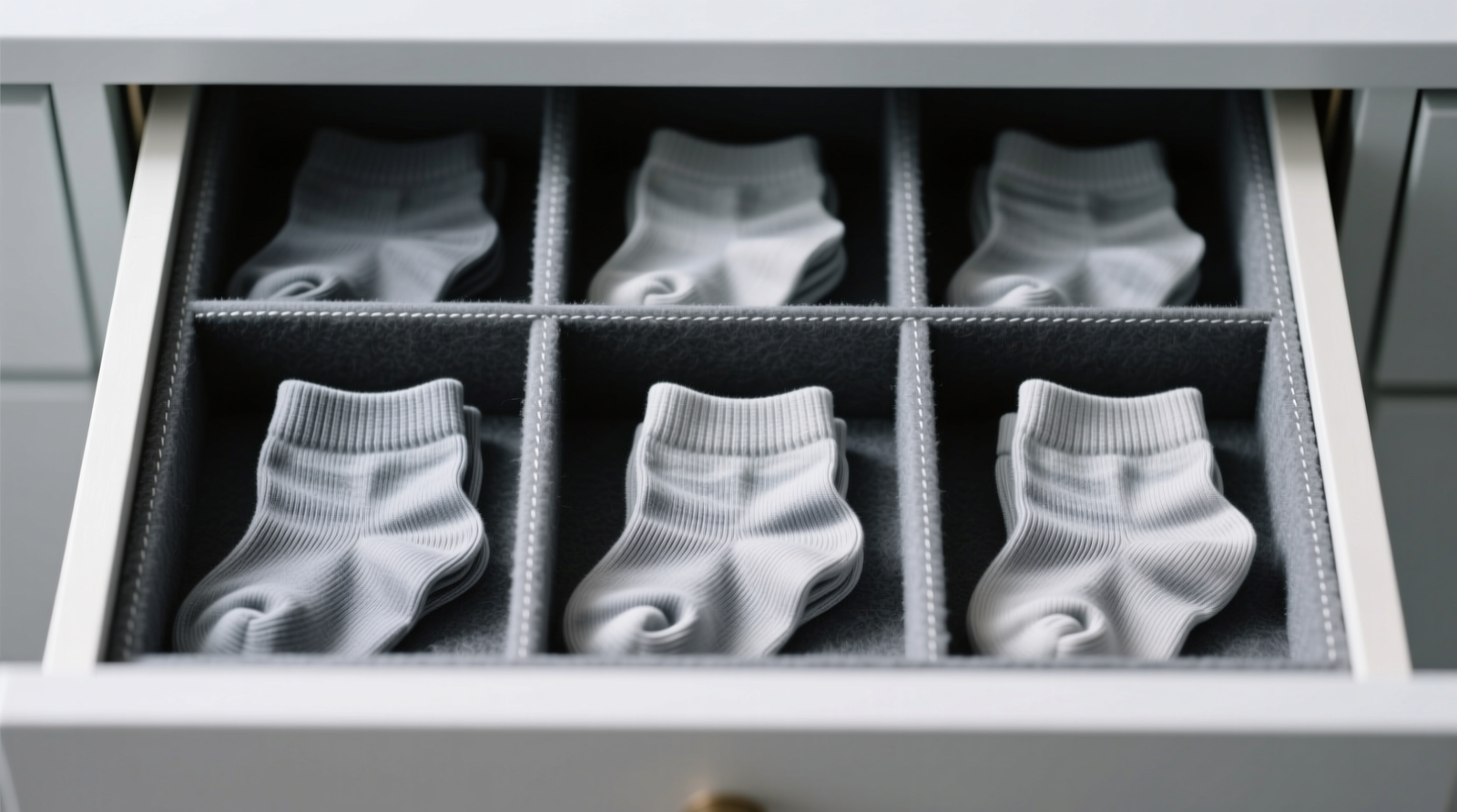 Top-down view of a shallow dresser drawer with charcoal-gray felt dividers creating uniform rectangular compartments; each holds three neatly folded sock pairs laid flat, toes aligned left, heels right—no rolling, no stacking, no visible elastic distortion