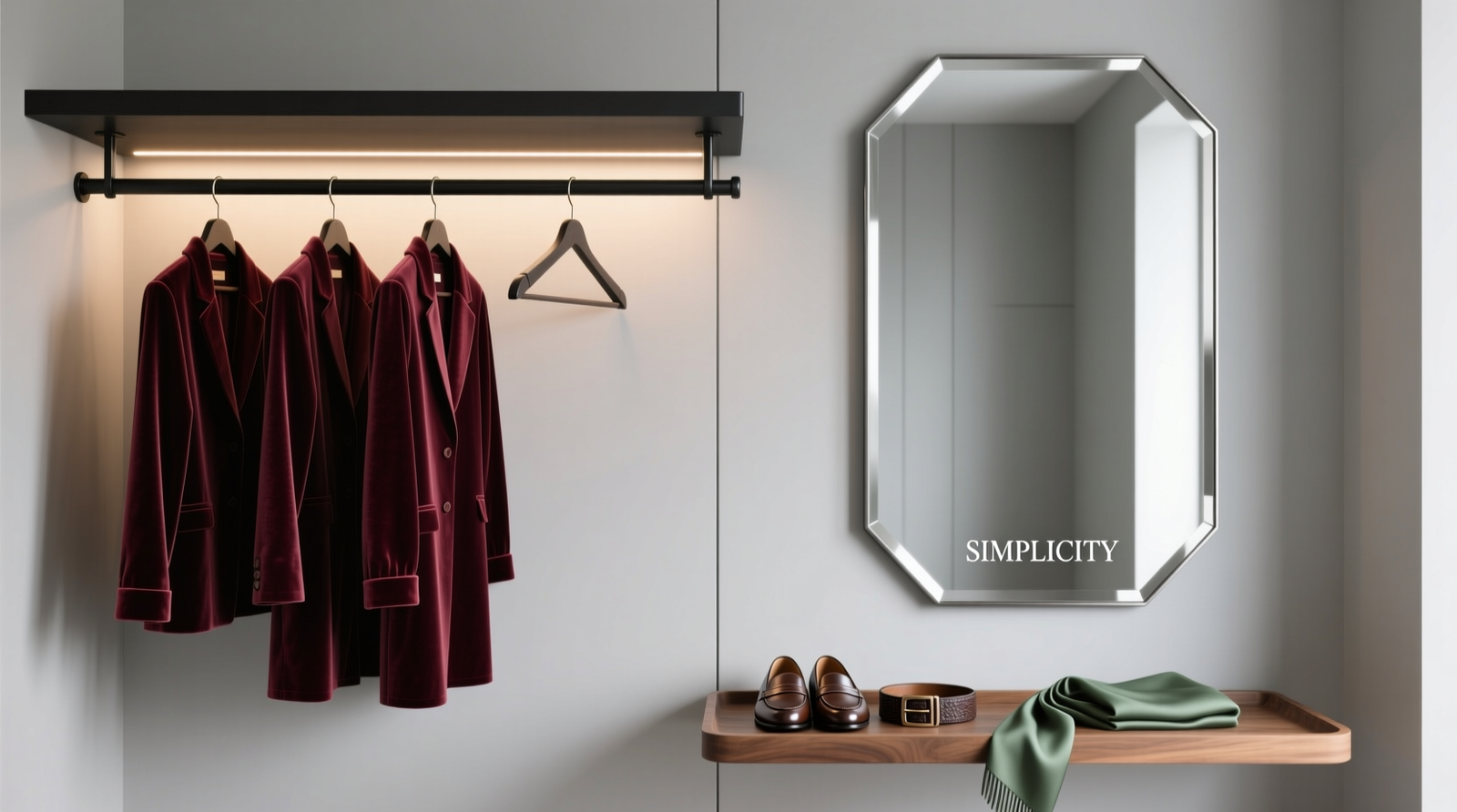 A minimalist, well-lit closet bar mounted on pale gray wall: black steel bar holds three coordinated outfits on velvet hangers; soft LED light glows beneath the bar; a clean beveled mirror hangs opposite at eye level; a shallow walnut tray below holds loafers, a leather belt, and a folded silk scarf.