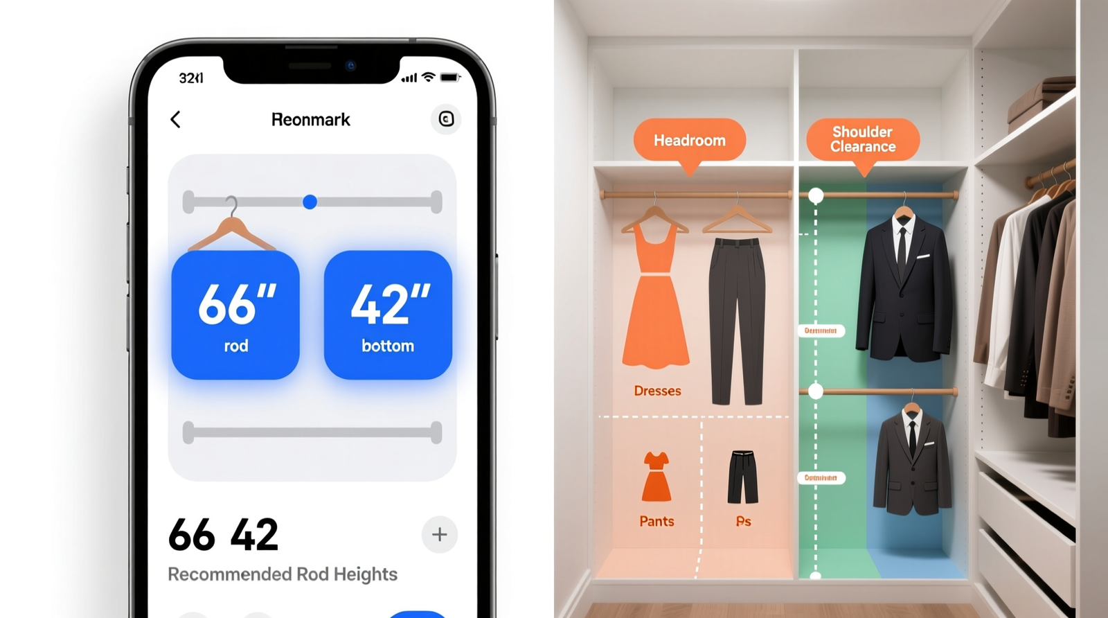 Side-by-side diagram showing correct rod placement: left side illustrates optimal height where coat hem clears floor by 2 inches and blouse hem hangs 4 inches above shelf; right side shows incorrect placement causing coat drag and blouse slippage