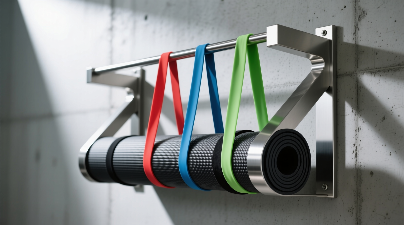 Two stainless steel wall brackets mounted at 18-degree forward tilt, each lined with black neoprene padding; a tightly rolled yoga mat rests securely between them with its edge facing outward, while three color-coded resistance bands hang loosely over the top bar—no twisting, no overlapping, no contact with the floor.