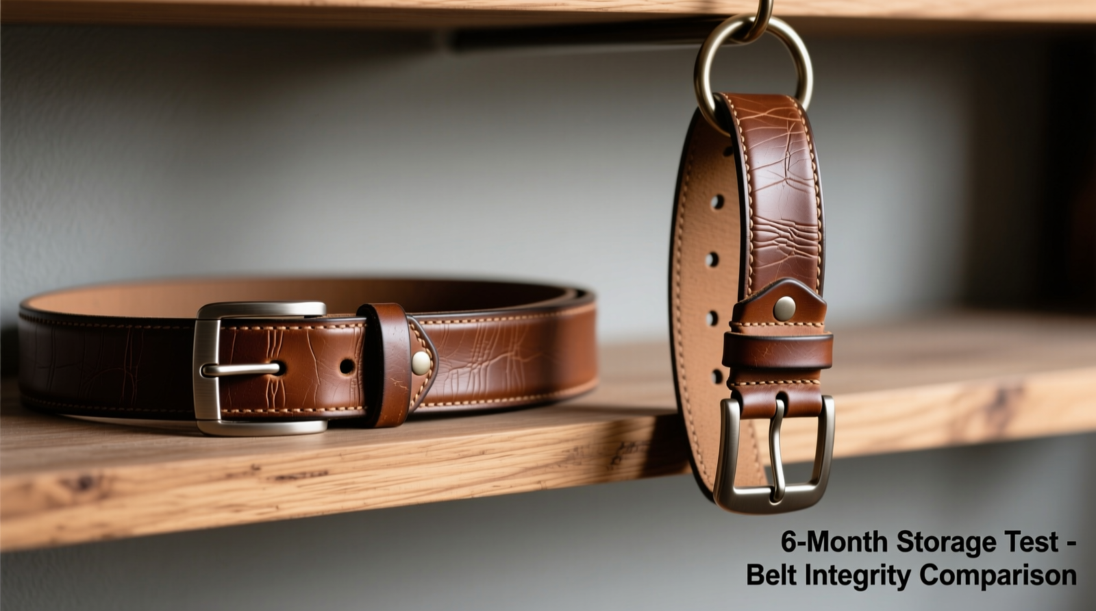 Close-up photo of two identical full-grain leather belts side-by-side after six months: left belt stored horizontally on padded oak rack showing uniform grain and crisp buckle alignment; right belt hung on metal loop showing visible distortion at first three holes and buckle tilt