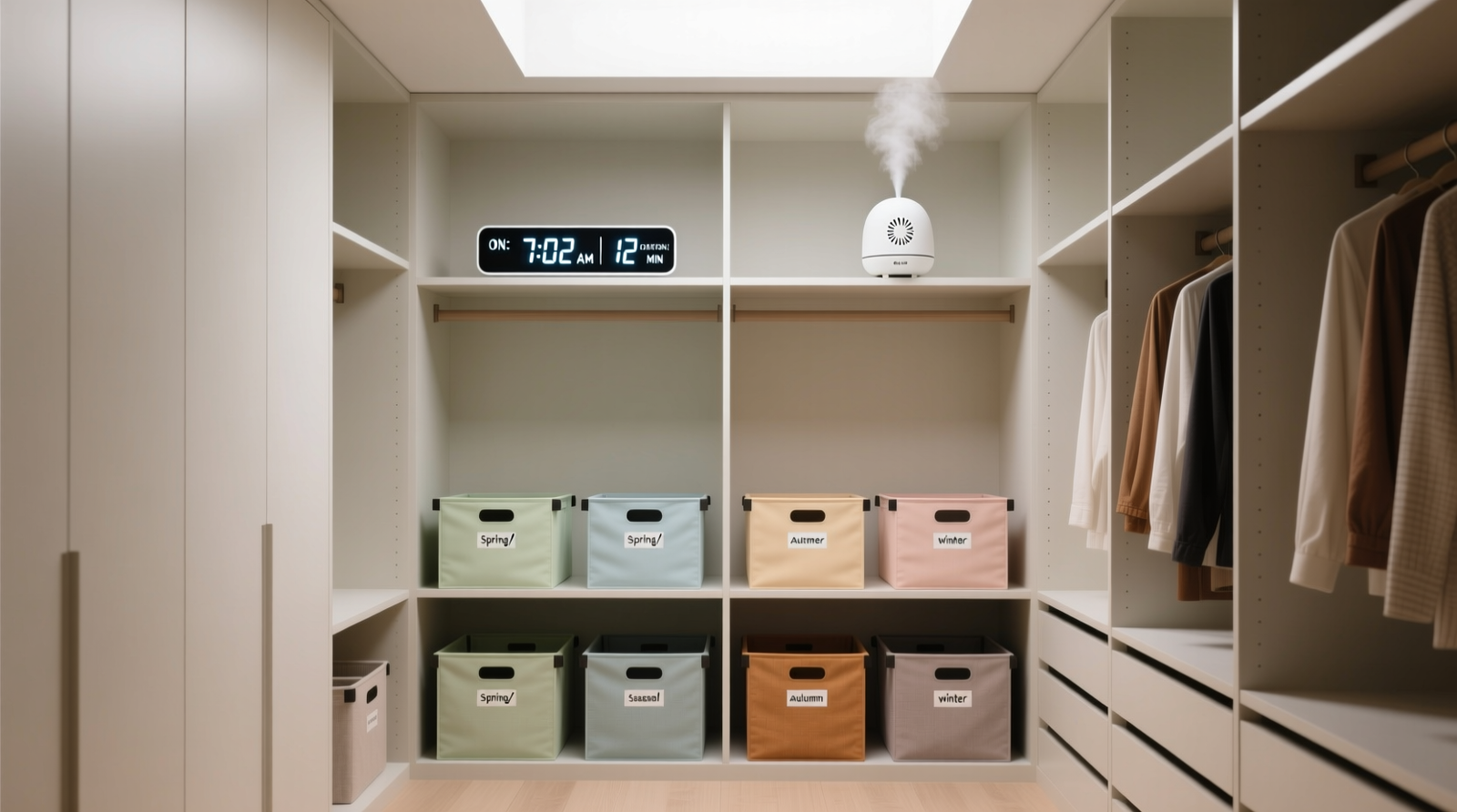 A minimalist, well-lit closet with labeled seasonal garment bins, a compact ultrasonic diffuser mounted discreetly on the top shelf, and a visible digital timer display showing 'ON: 7:02 AM | DURATION: 12 MIN'