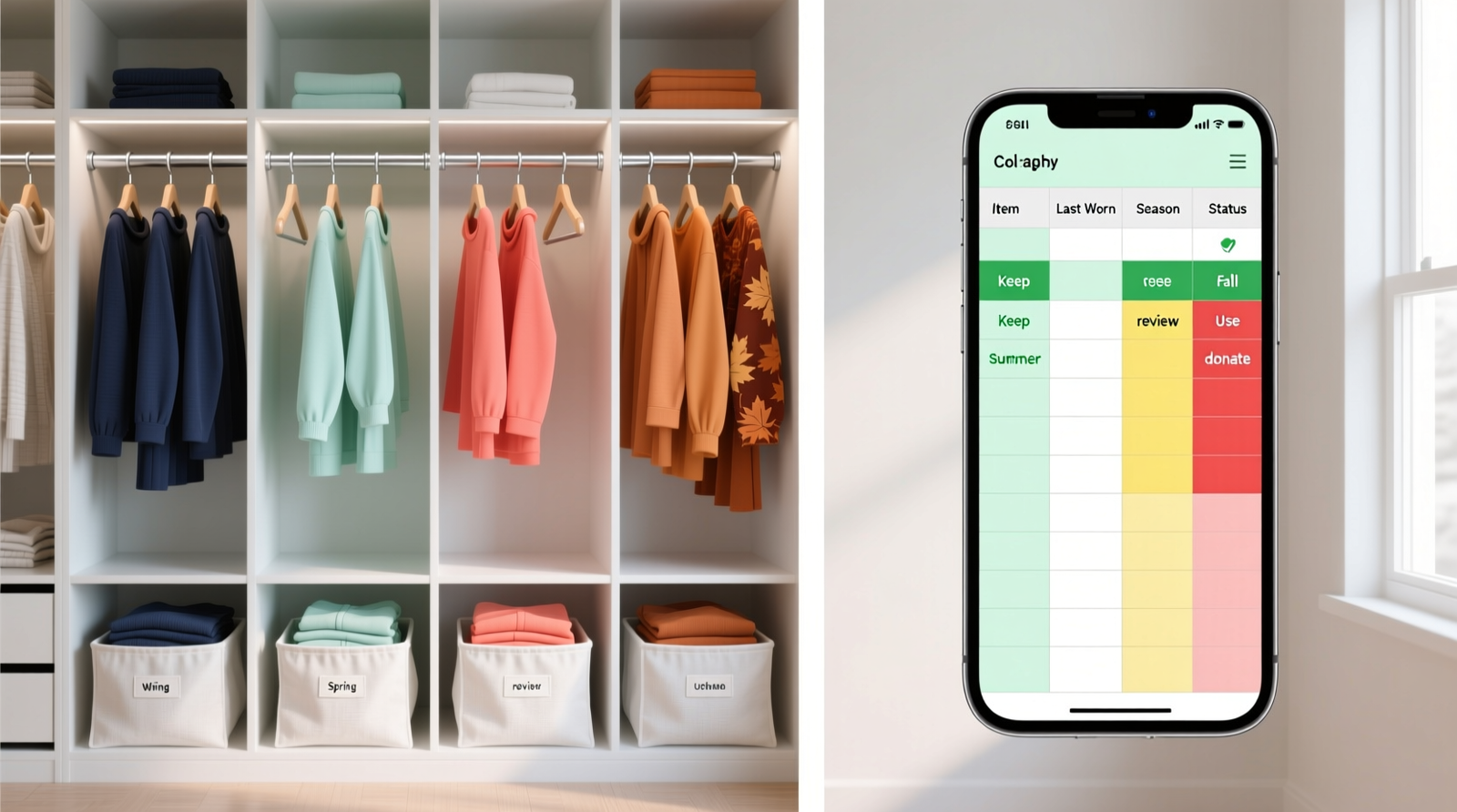 Side-by-side comparison: left shows a closet with uniform hangers, color-blocked by season, and labeled fabric bins beneath; right shows a smartphone screen displaying a minimalist spreadsheet with columns 'Item', 'Last Worn', 'Season', and 'Status'—rows color-coded green (keep), yellow (review), red (donate)