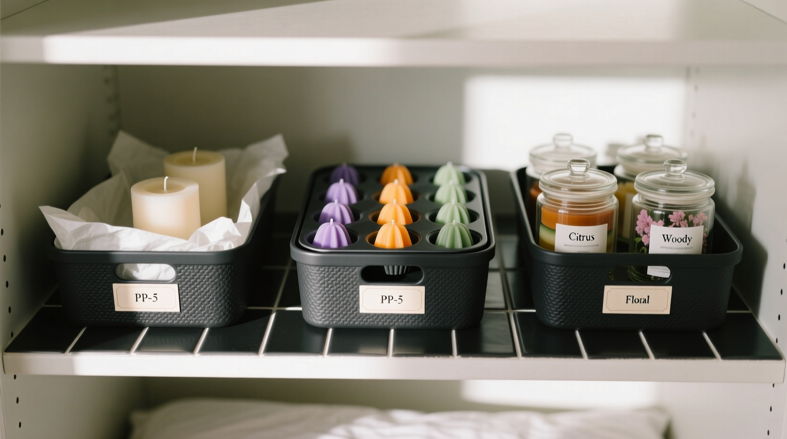 A well-organized closet bottom shelf showing three labeled PP-5 bins: one with pillar candles laid horizontally on white tissue, one with silicone muffin-tin molds holding wax melts, and one with glass jars containing layered fragrance categories—each bin placed atop a matte black ceramic tile