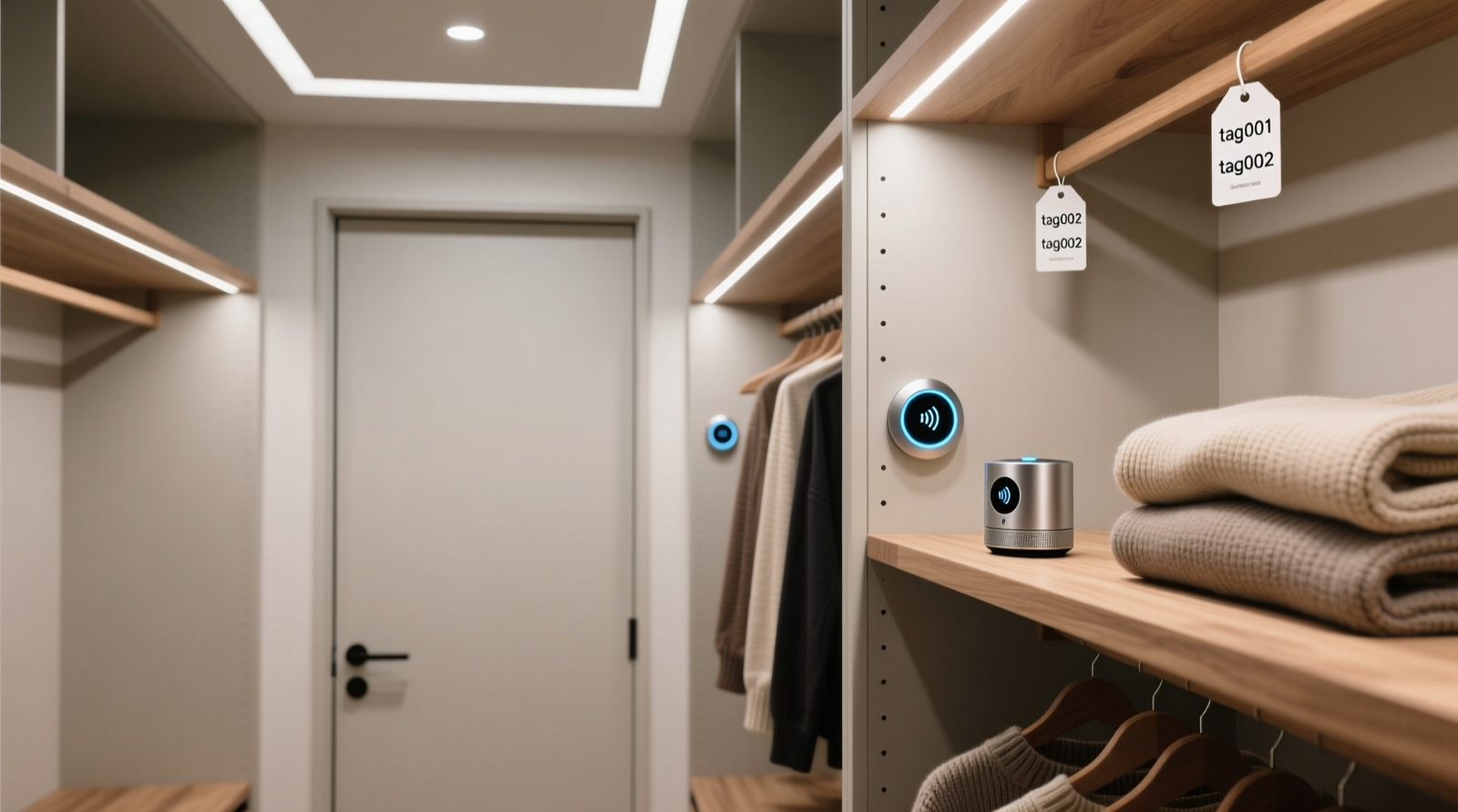 A minimalist walk-in closet with discreet RFID readers mounted on the interior of the door frame, small circular RFID tags visible on garment care labels, and a compact environmental sensor placed on a cedar shelf beside folded sweaters. No visible wires or clutter.