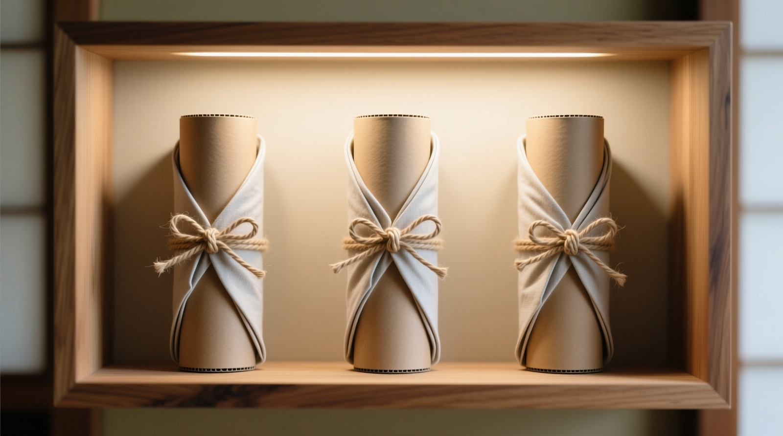 Three vertically aligned furoshiki rolls on acid-free cardboard tubes, each secured with natural cotton twine, displayed in a shallow oak cabinet with soft ambient lighting—no visible creases, no overlapping, precise 0.5-inch spacing between tubes