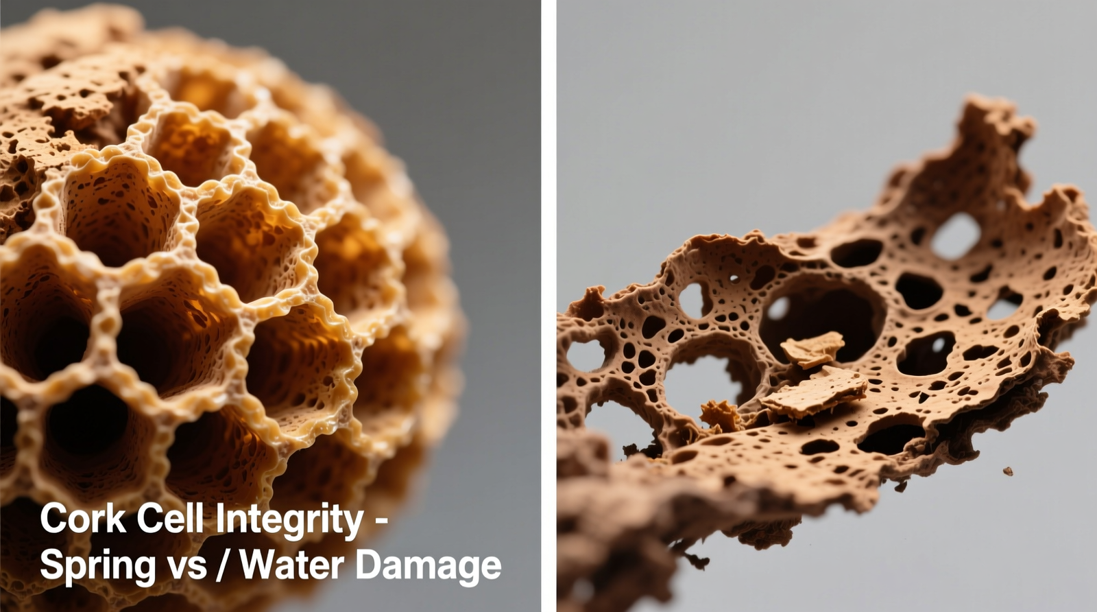 Side-by-side macro photography: left shows cork surface before dry brushing (visible dust layer and compressed fibers); right shows same area after activated charcoal dusting and HEPA vacuuming—texture restored, pores clear, no shine or residue.